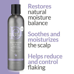Design Essentials Peppermint & Aloe Therapeutics Shampoo on hair demonstrates balanced moisture.