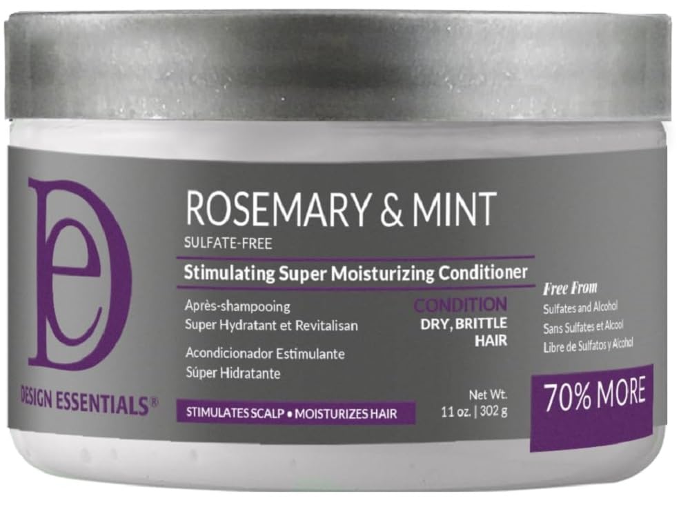 Design Essentials Rosemary & Mint Stimulating Conditioner bottle emphasizes scalp stimulation and hydration