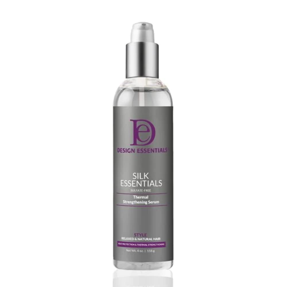 Design Essentials Silk Essentials Thermal Strengthening Serum bottle offering weightless heat protection for smoother styling.
