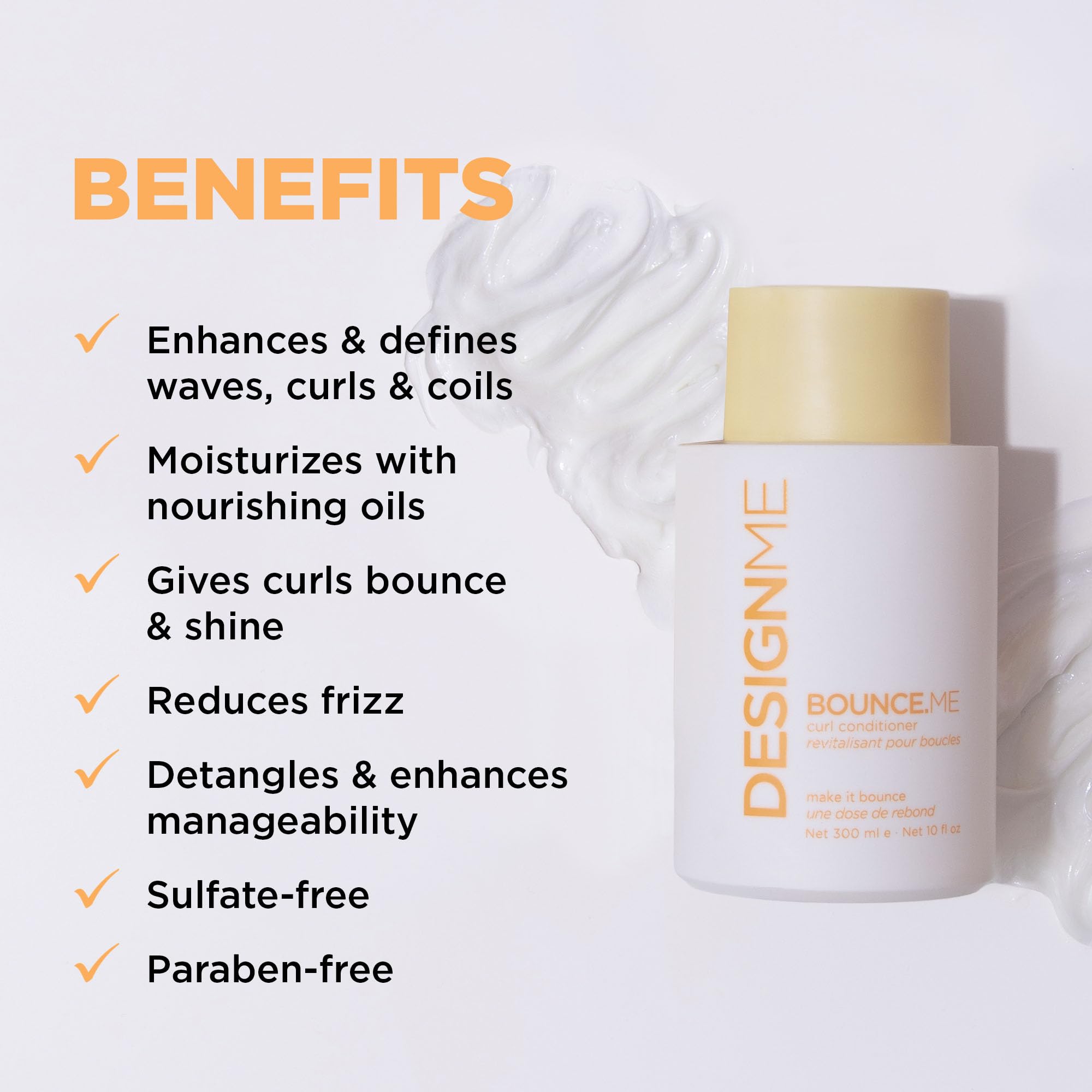 Design.Me Bounce.Me curl conditioner bottle back label highlights nourishing ingredients.