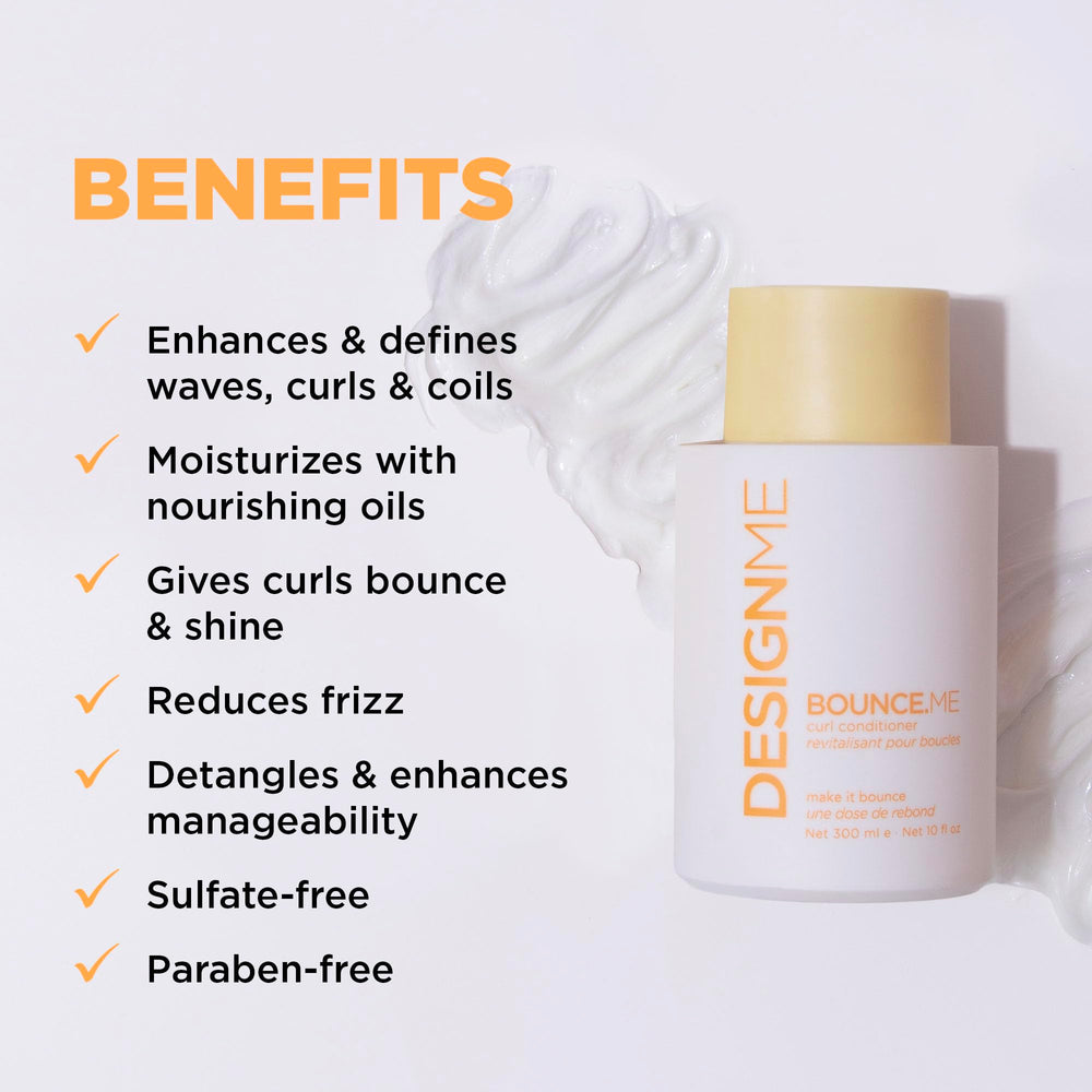 Design.Me Bounce.Me curl conditioner bottle back label highlights nourishing ingredients.