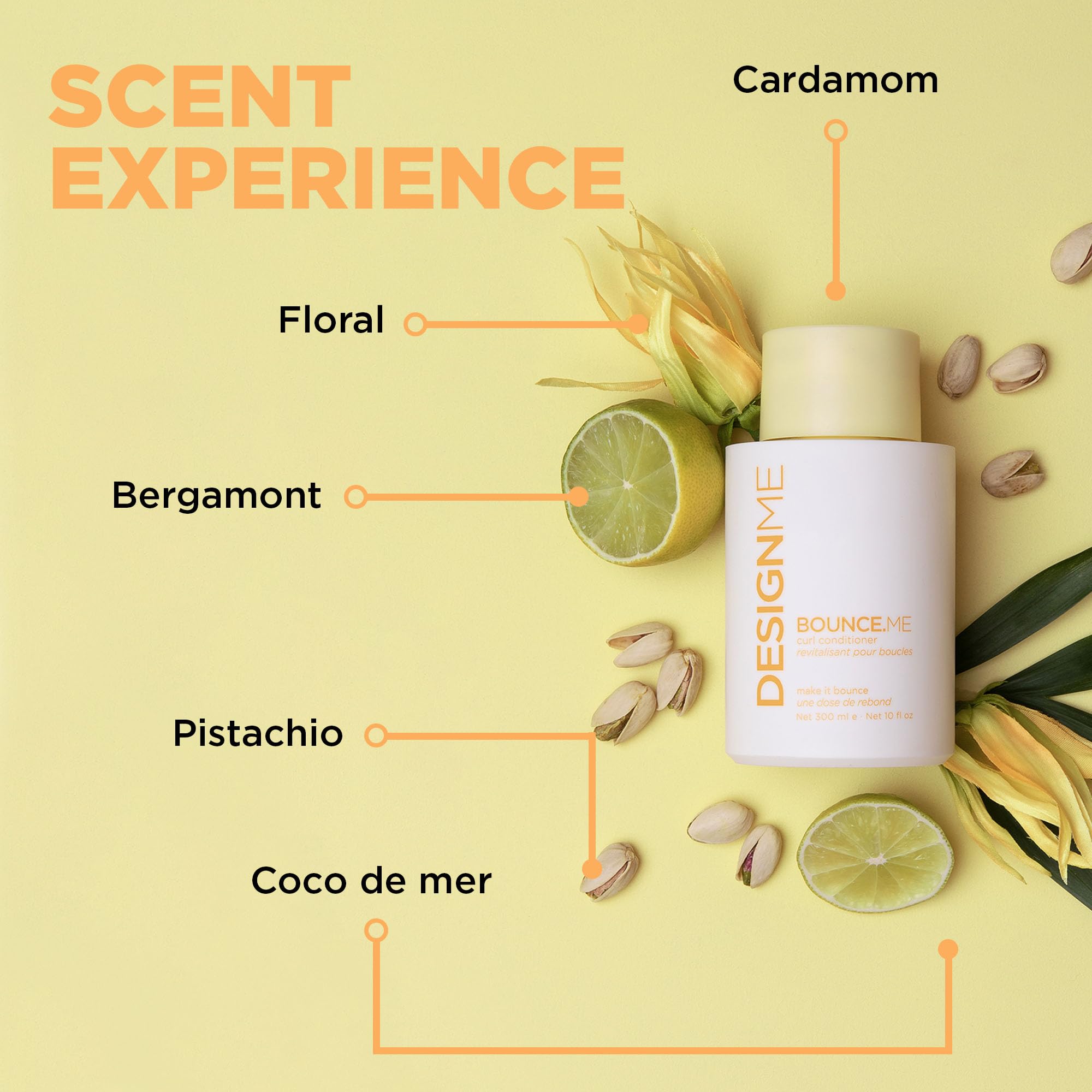 Design.Me Bounce.Me curl conditioner texture swatch emphasizes rich cream for deep hydration.