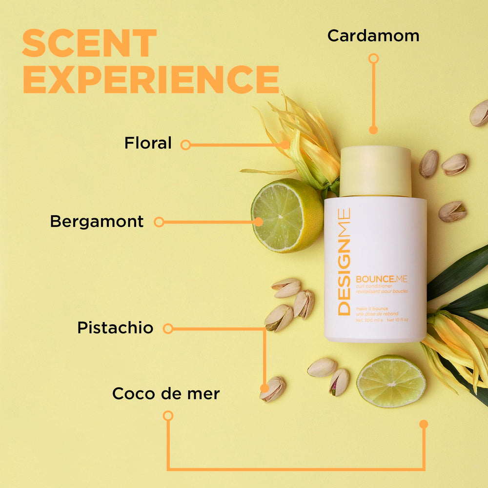 Design.Me Bounce.Me curl conditioner texture swatch emphasizes rich cream for deep hydration.