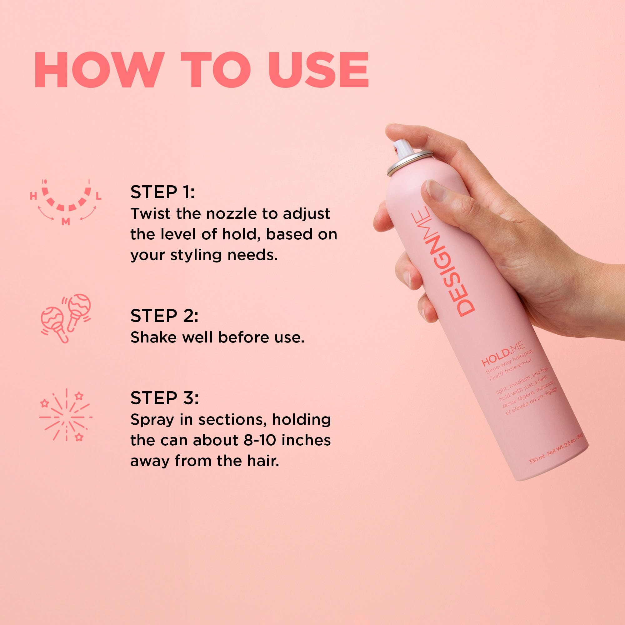 Design-Me HOLD.ME light-hold shot suggesting frizz control and prep