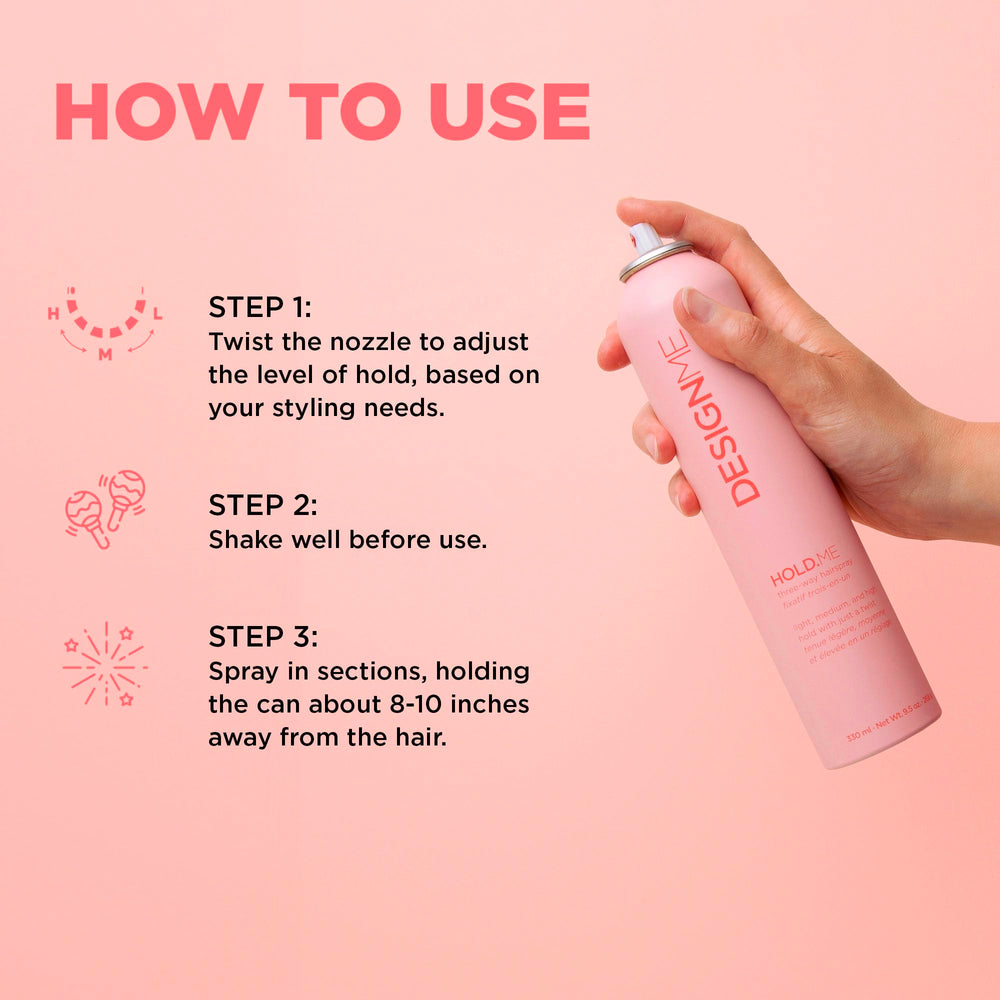 Design-Me HOLD.ME light-hold shot suggesting frizz control and prep