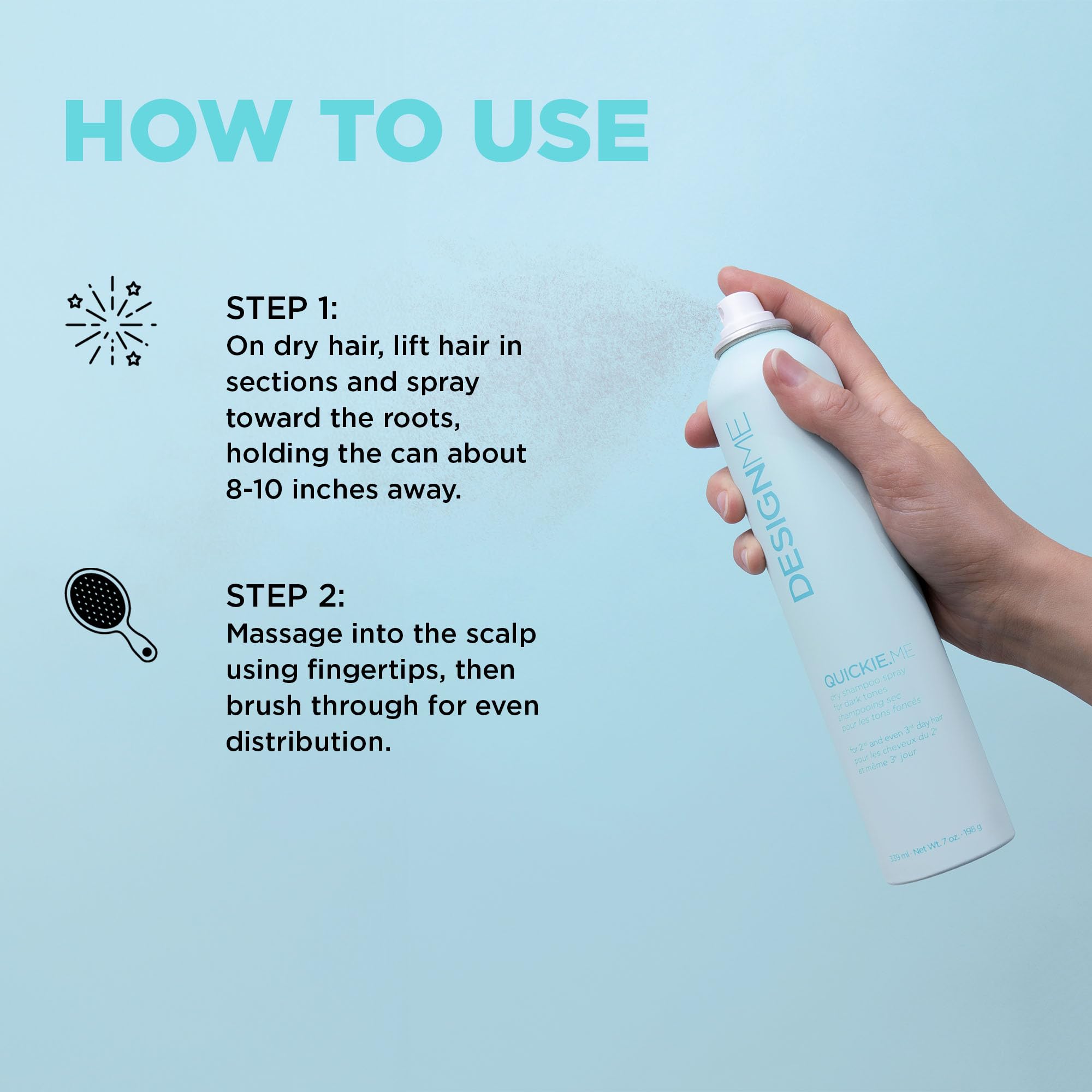 Design.Me QUICKIE.ME Dry Shampoo no-white-residue keeps dark hair natural-looking.