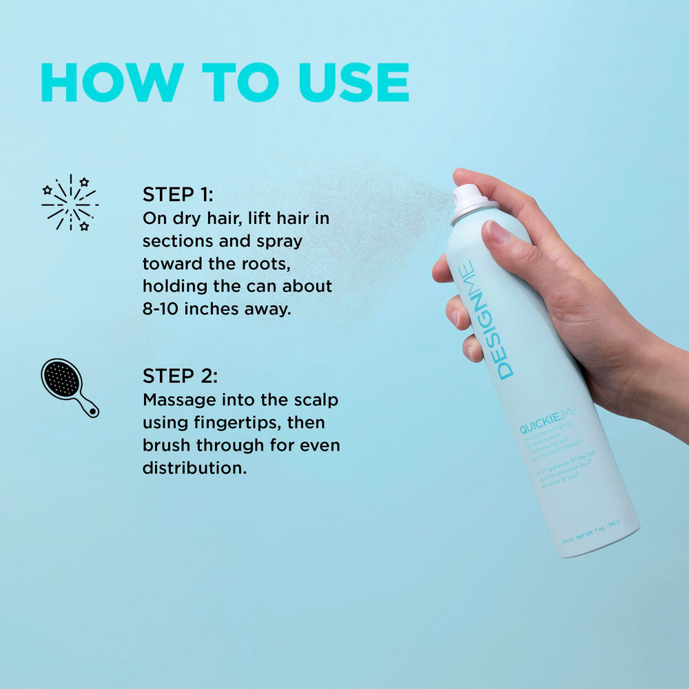 Design.Me QUICKIE.ME Dry Shampoo no-white-residue keeps dark hair natural-looking.