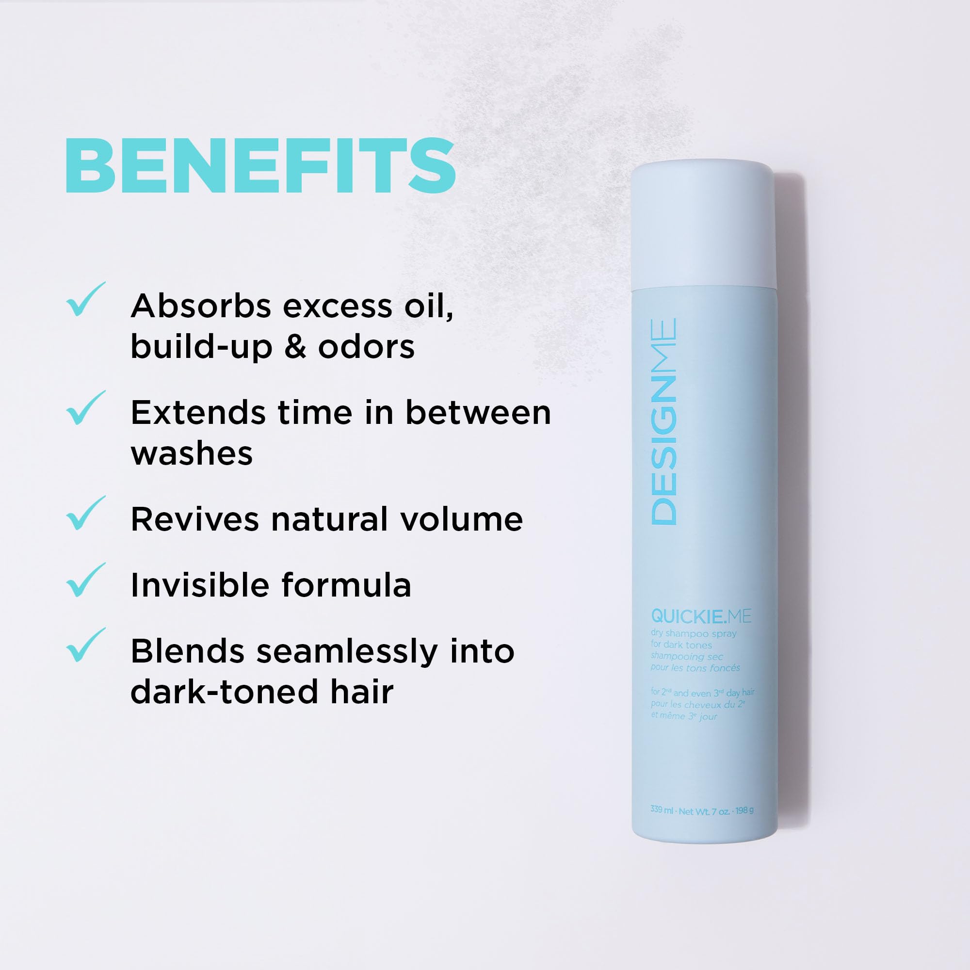 Design.Me QUICKIE.ME Dry Shampoo root-lift-volume delivers instant lift without water for brunette tones.