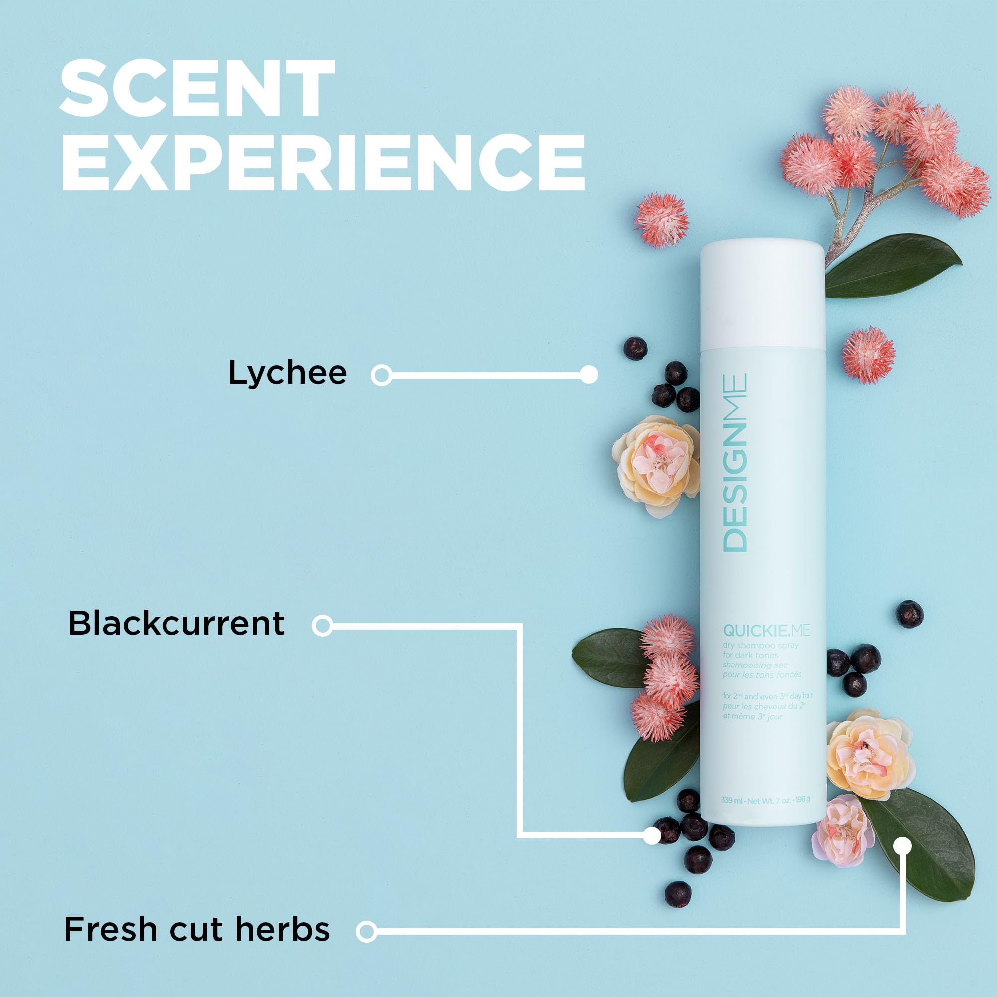 Design.Me QUICKIE.ME Dry Shampoo subtle-fruity-scent delivers fresh aroma with every spray.