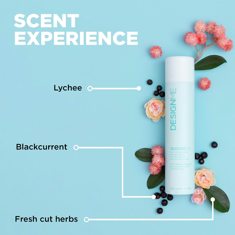 Design.Me QUICKIE.ME Dry Shampoo subtle-fruity-scent delivers fresh aroma with every spray.