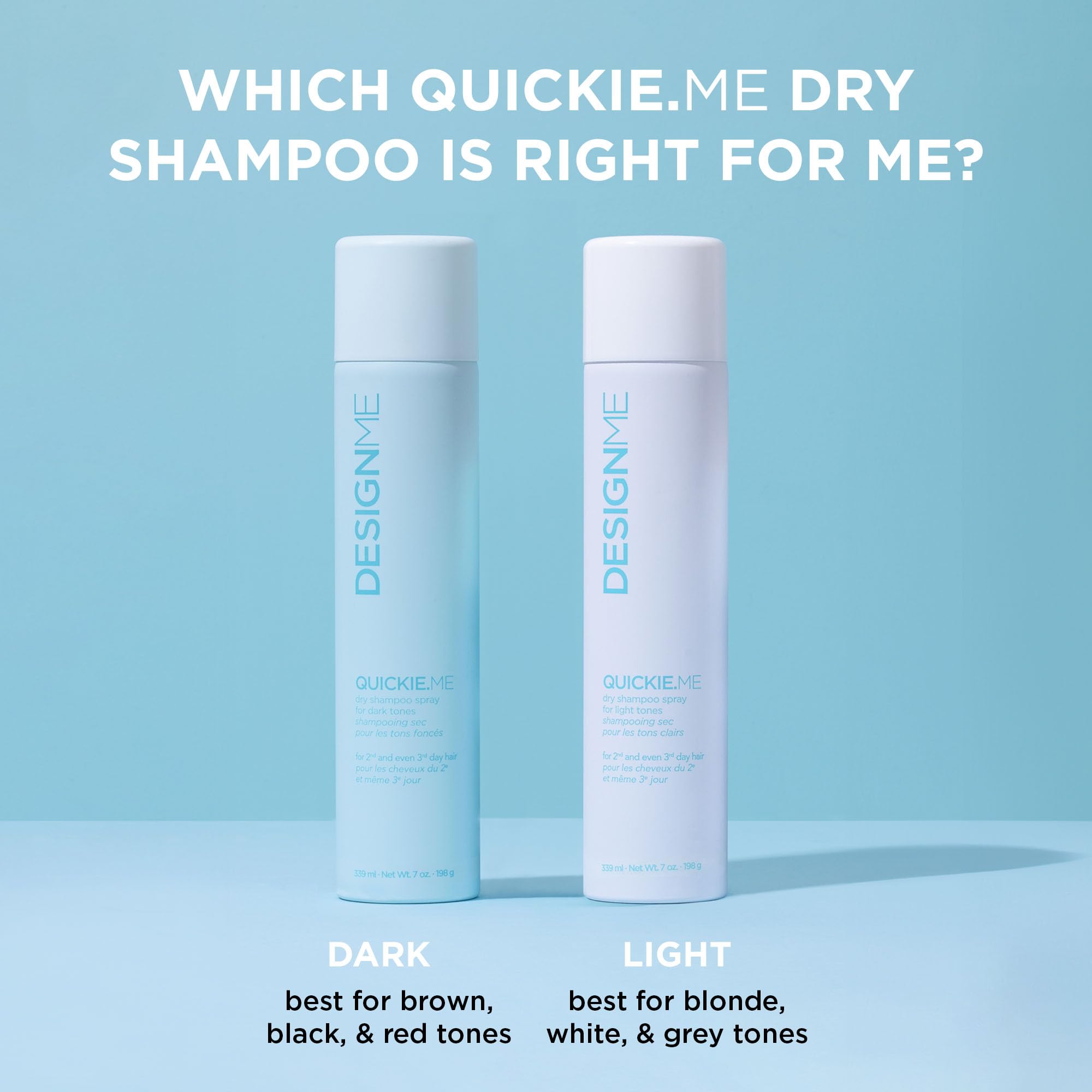 Design.Me QUICKIE.ME Dry Shampoo translucent-pigment blends into dark hair for no white residue.