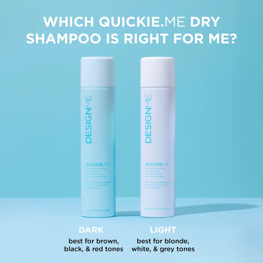 Design.Me QUICKIE.ME Dry Shampoo translucent-pigment blends into dark hair for no white residue.