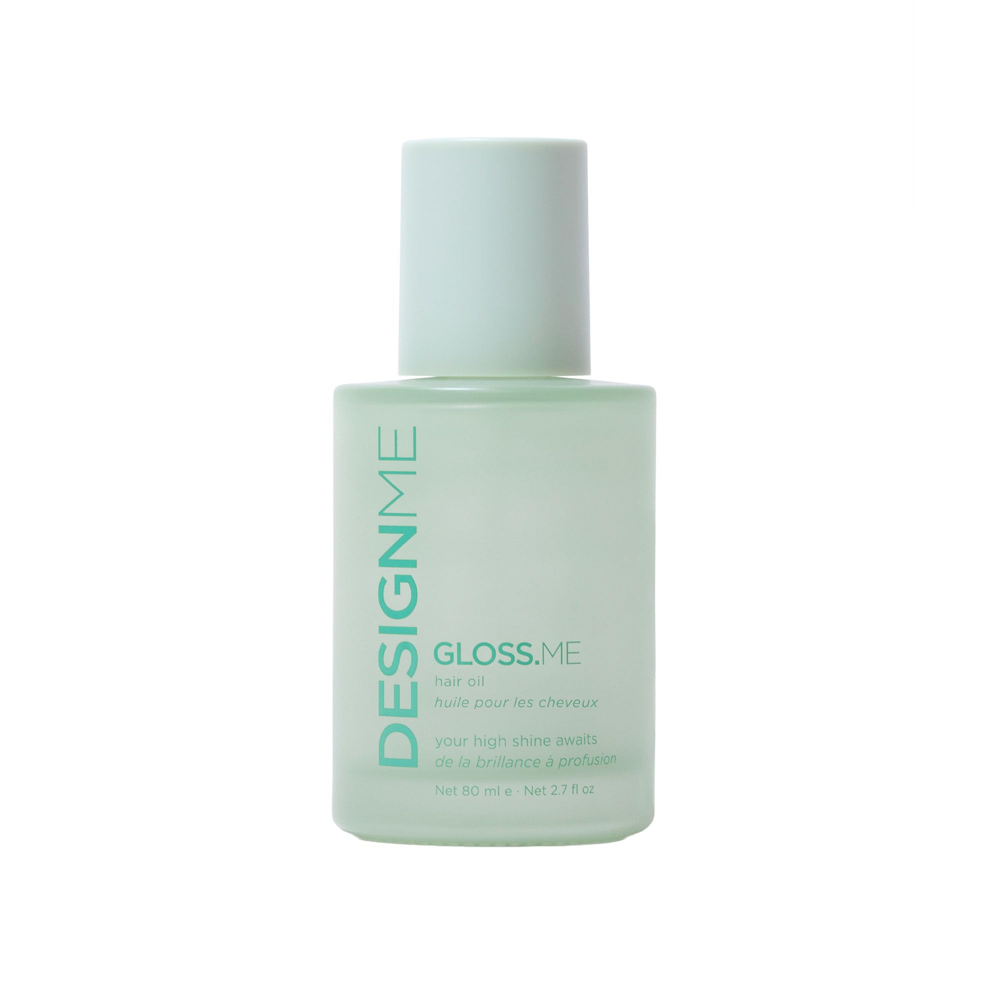 GLOSS.ME hair oil bottle on white background promises lightweight shine and frizz control.