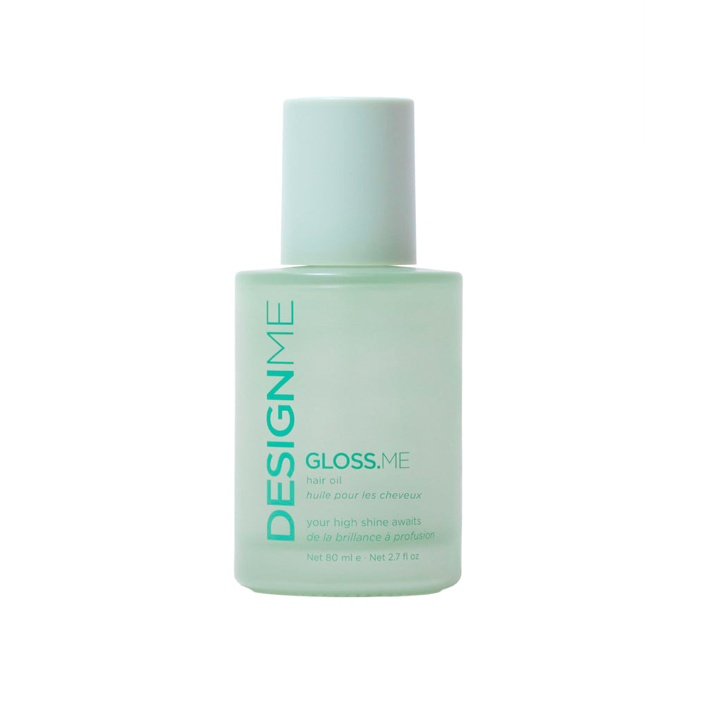 GLOSS.ME hair oil bottle on white background promises lightweight shine and frizz control.