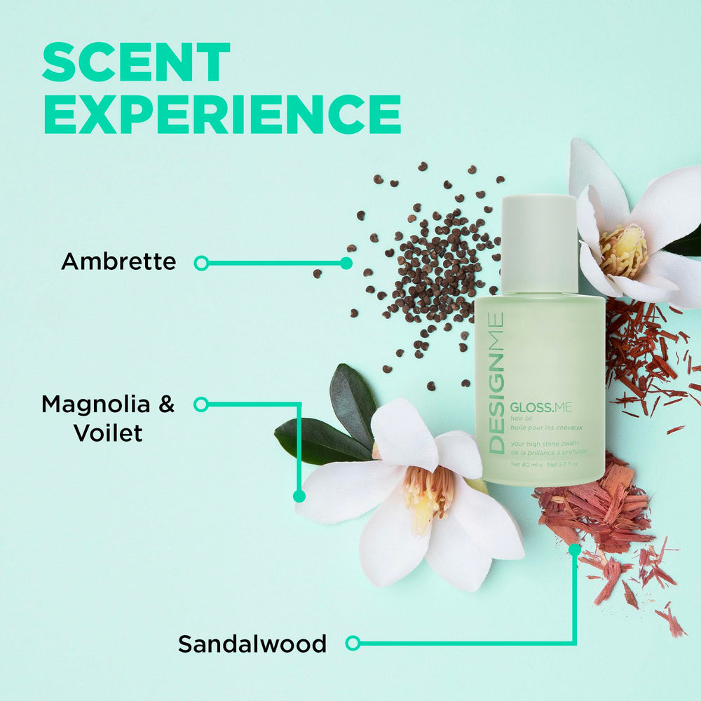 GLOSS.ME hair oil bottle beside argan oil visuals suggests nourished, smooth results.
