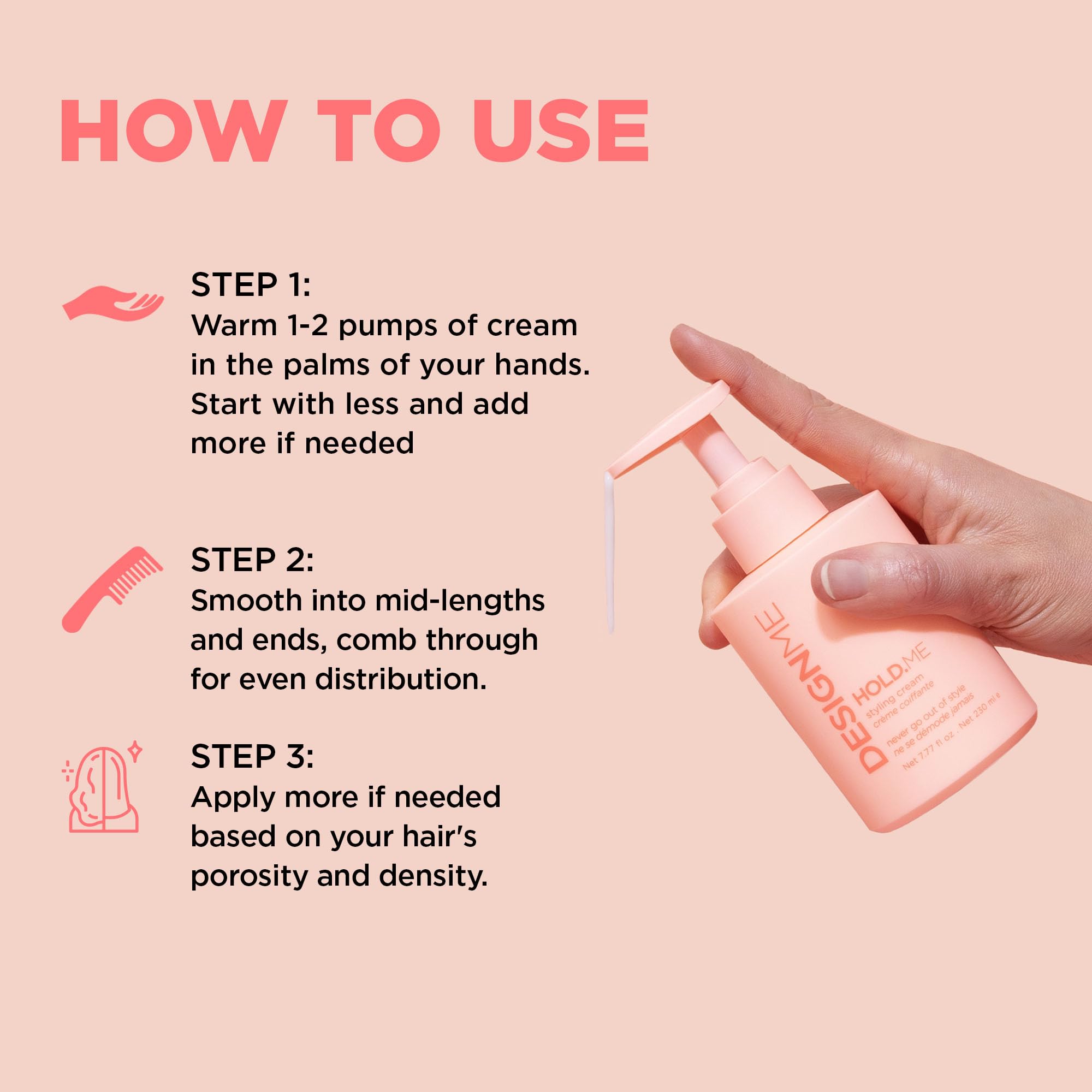 Design.Me HOLD.ME blow-dry-shot captures smooth, controlled finish with soft hold.