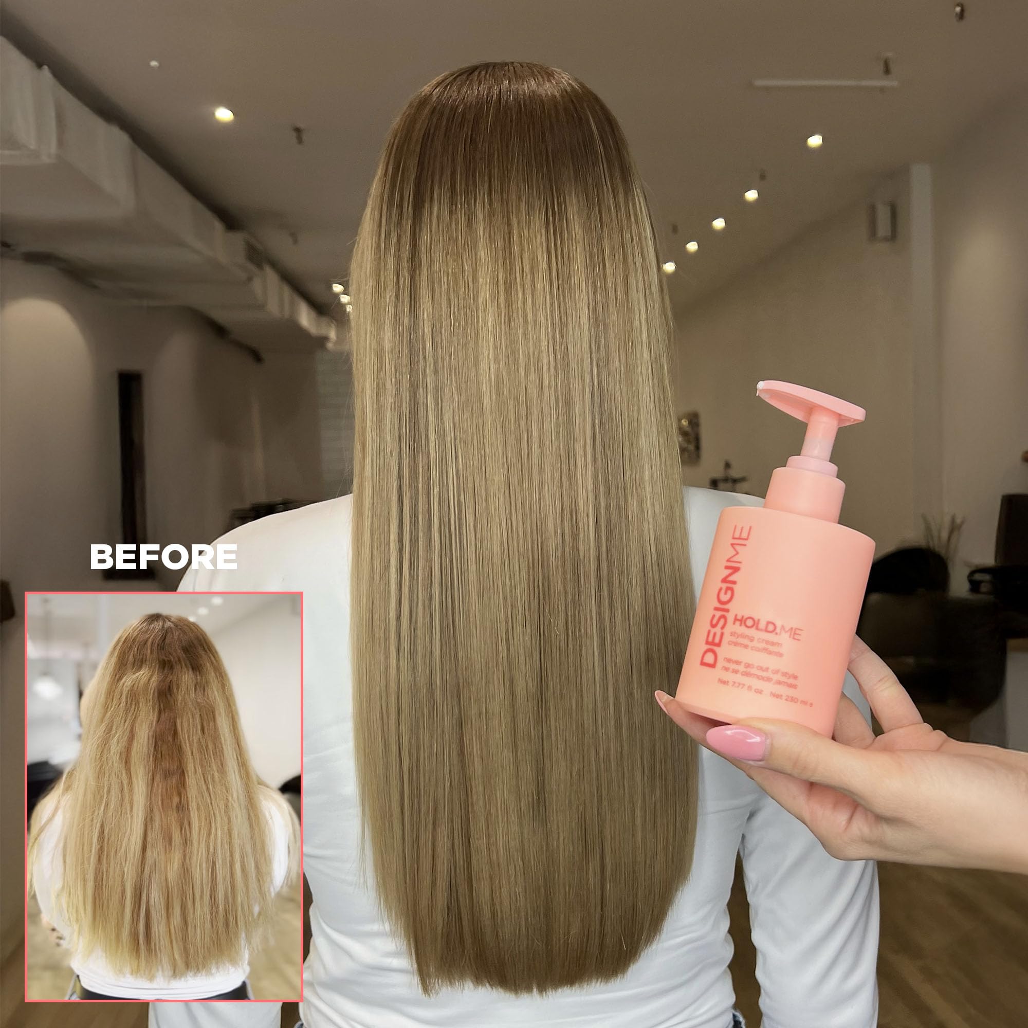Design.Me HOLD.ME frizz-hair-closeup demonstrates flyaway taming and sleek texture.
