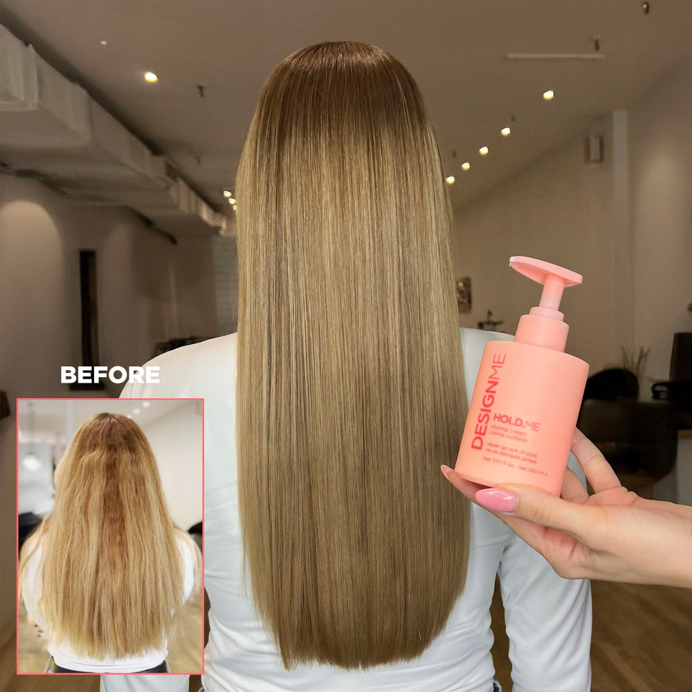Design.Me HOLD.ME frizz-hair-closeup demonstrates flyaway taming and sleek texture.