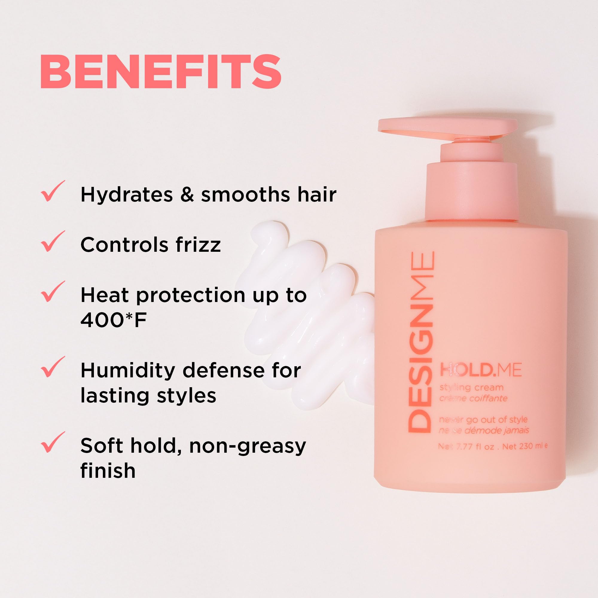 Design.Me HOLD.ME texture-swatch highlights lightweight, non-greasy hydration with heat-ready protection.