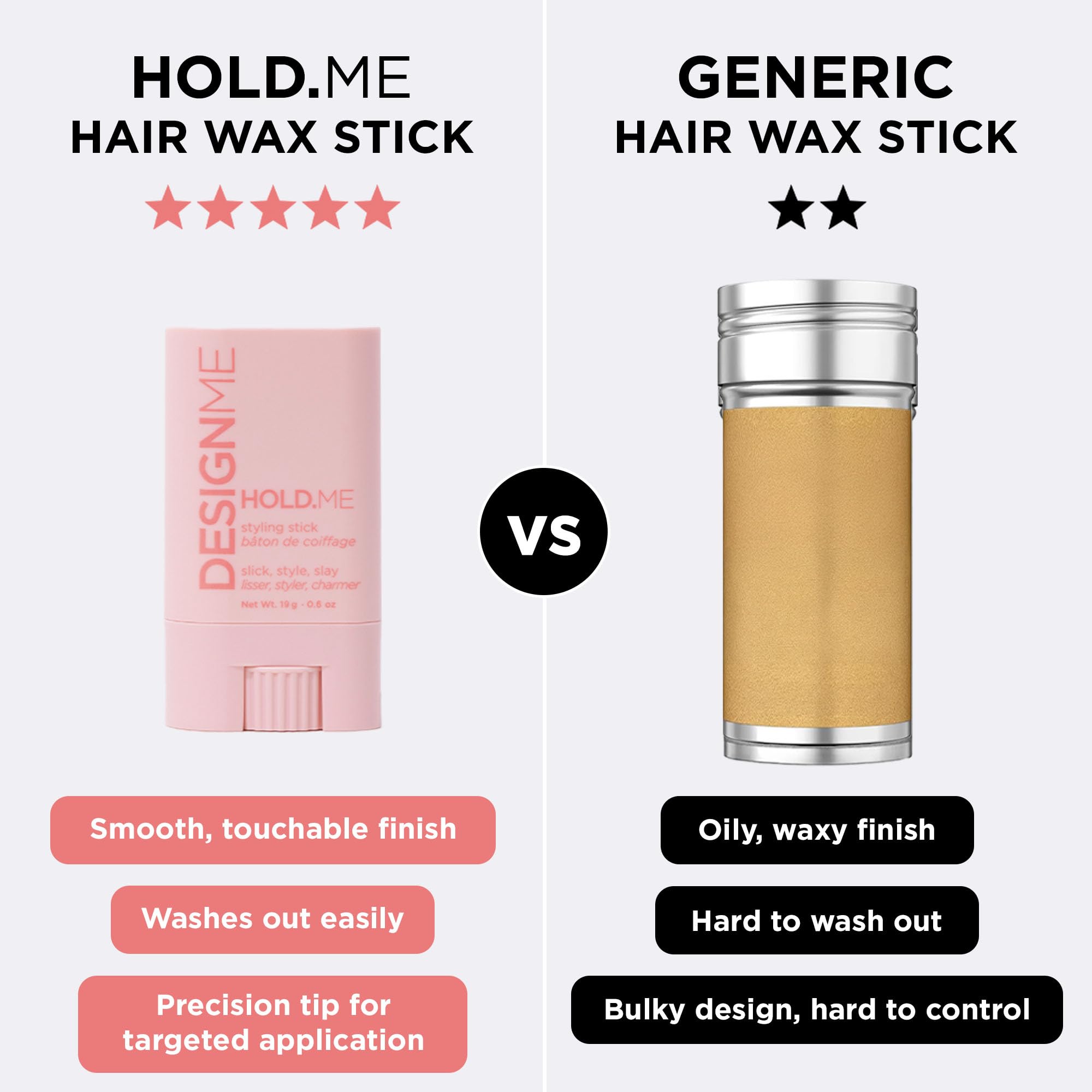 Design.Me HOLD.ME styling stick in hand demonstrates easy application to flyaways.