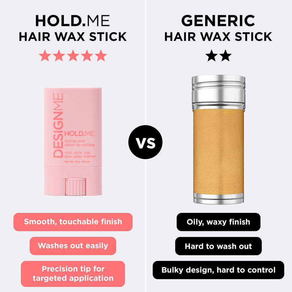 Design.Me HOLD.ME styling stick in hand demonstrates easy application to flyaways.