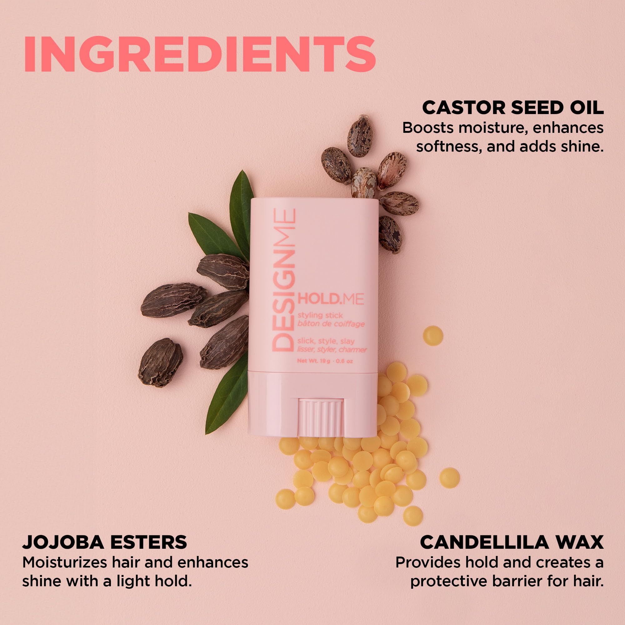 Design.Me HOLD.ME product on hair close-up shows satin finish and no residue.