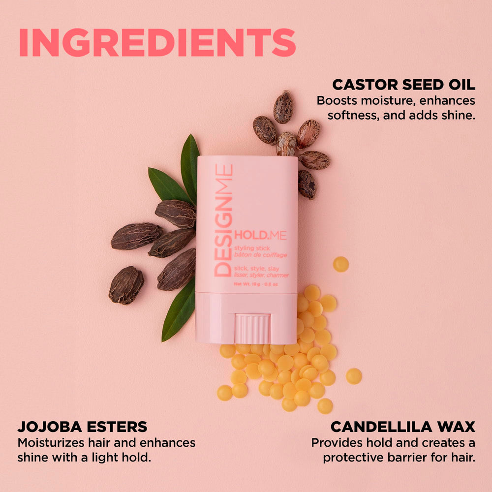 Design.Me HOLD.ME product on hair close-up shows satin finish and no residue.