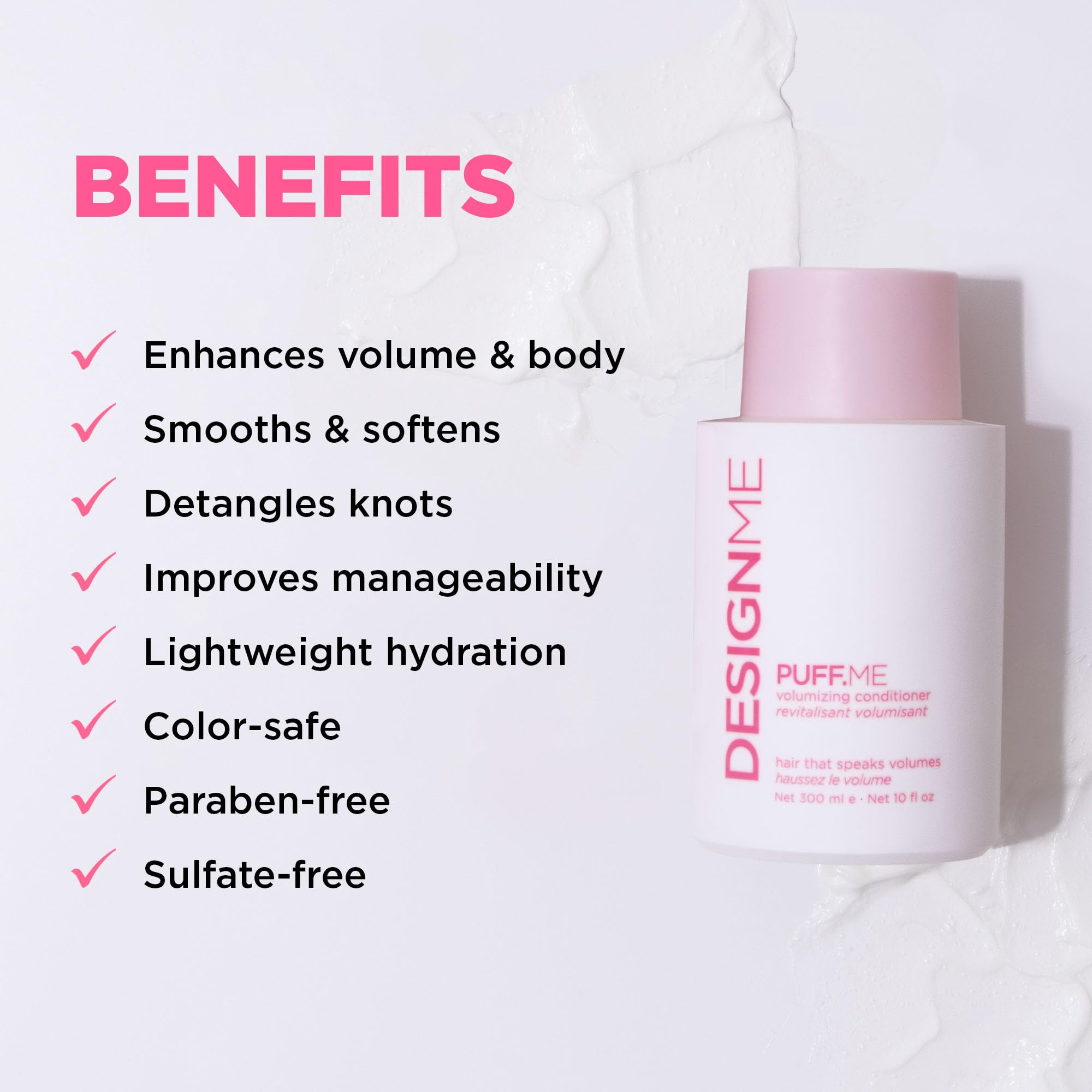 Design.Me PUFF.ME conditioner being applied to hair for instant volumizing boost.