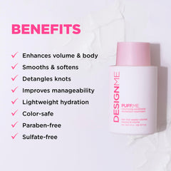 Design.Me PUFF.ME conditioner being applied to hair for instant volumizing boost.