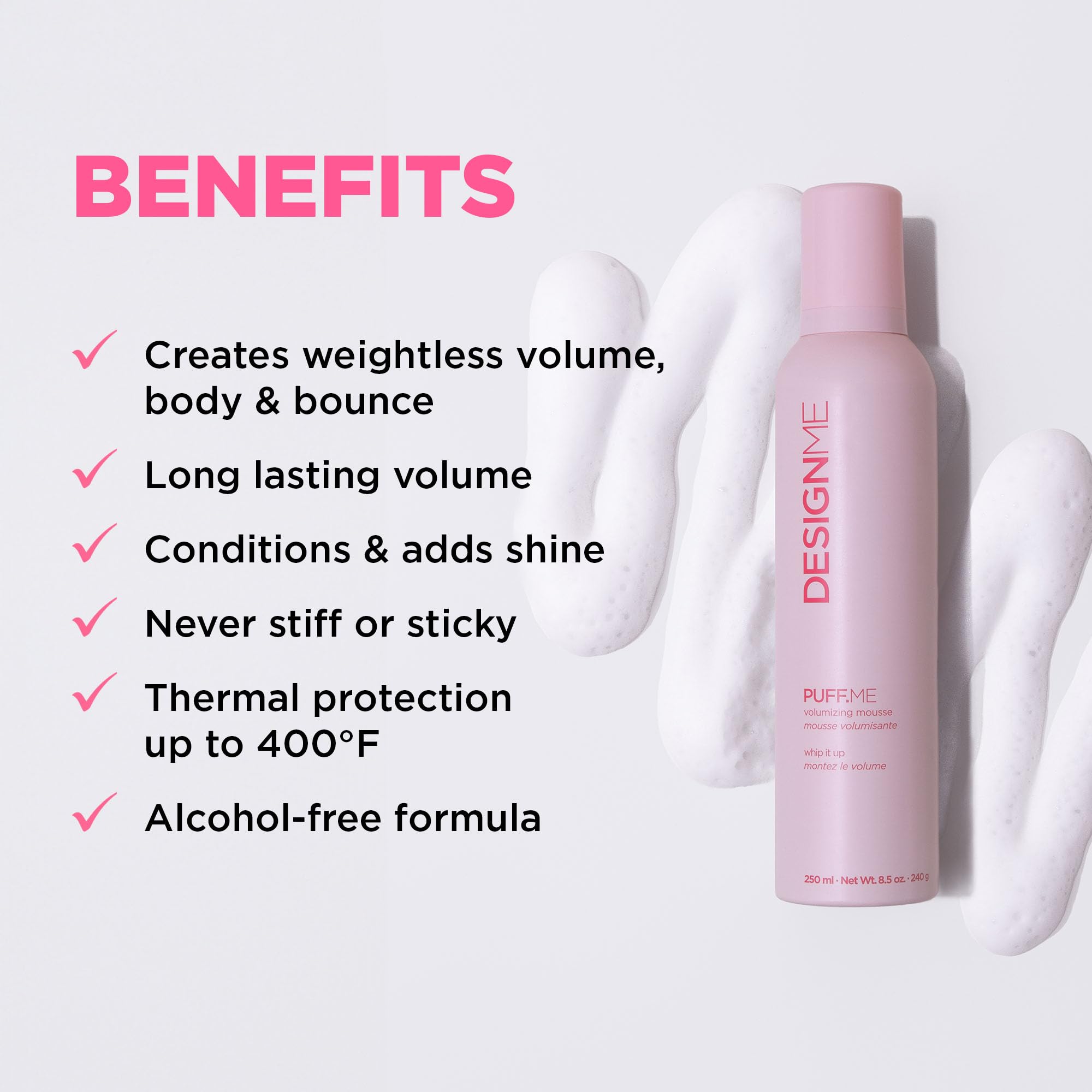 Design.Me PUFF.ME bottle back highlighting paraben- and sulfate-free formula.