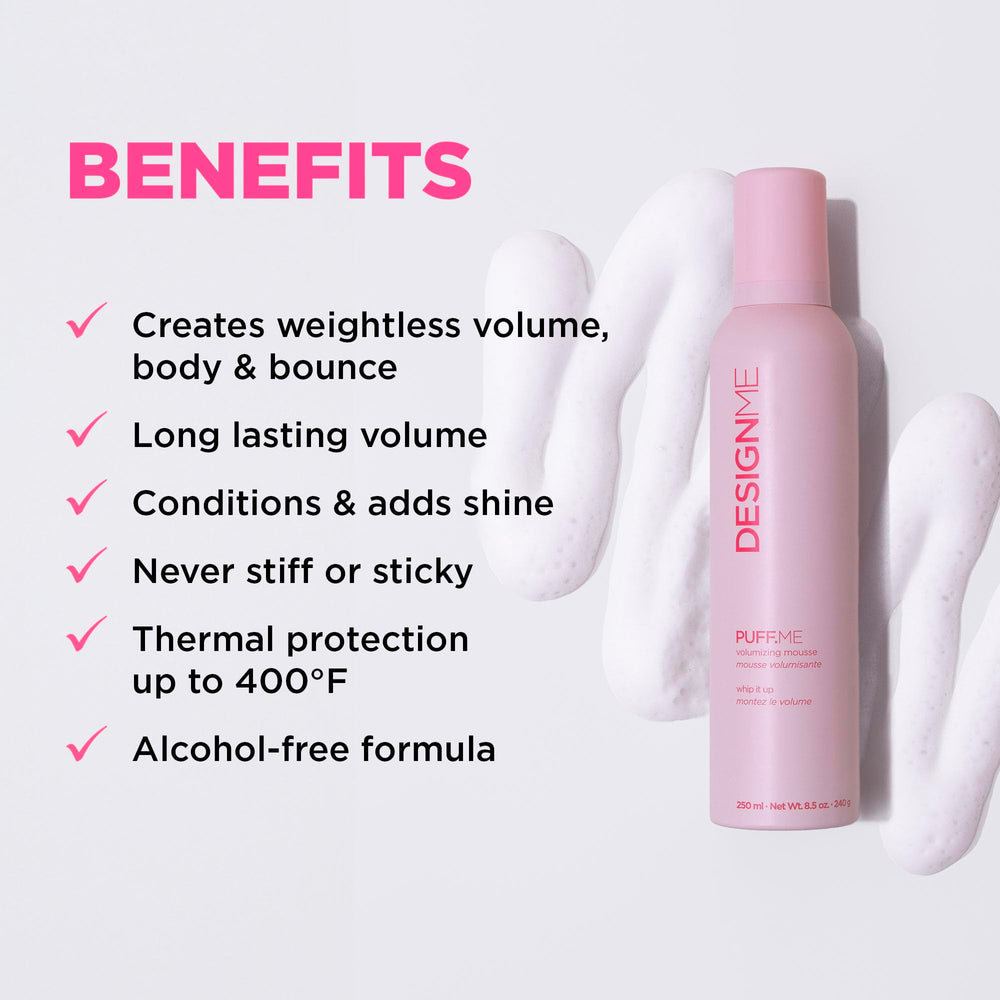 Design.Me PUFF.ME bottle back highlighting paraben- and sulfate-free formula.