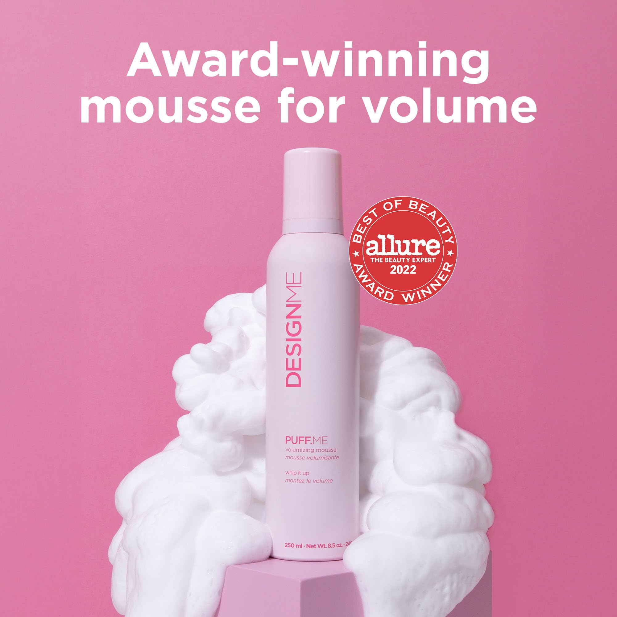 Design.Me PUFF.ME mousse applied to damp hair for even distribution.