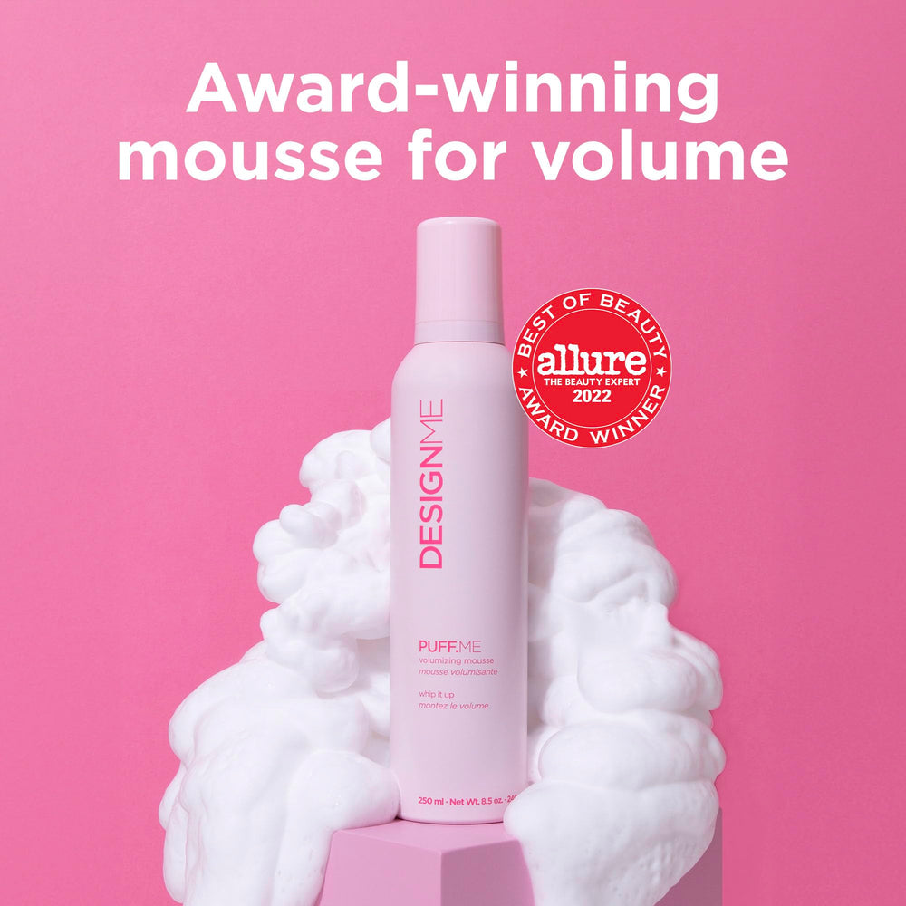 Design.Me PUFF.ME mousse applied to damp hair for even distribution.