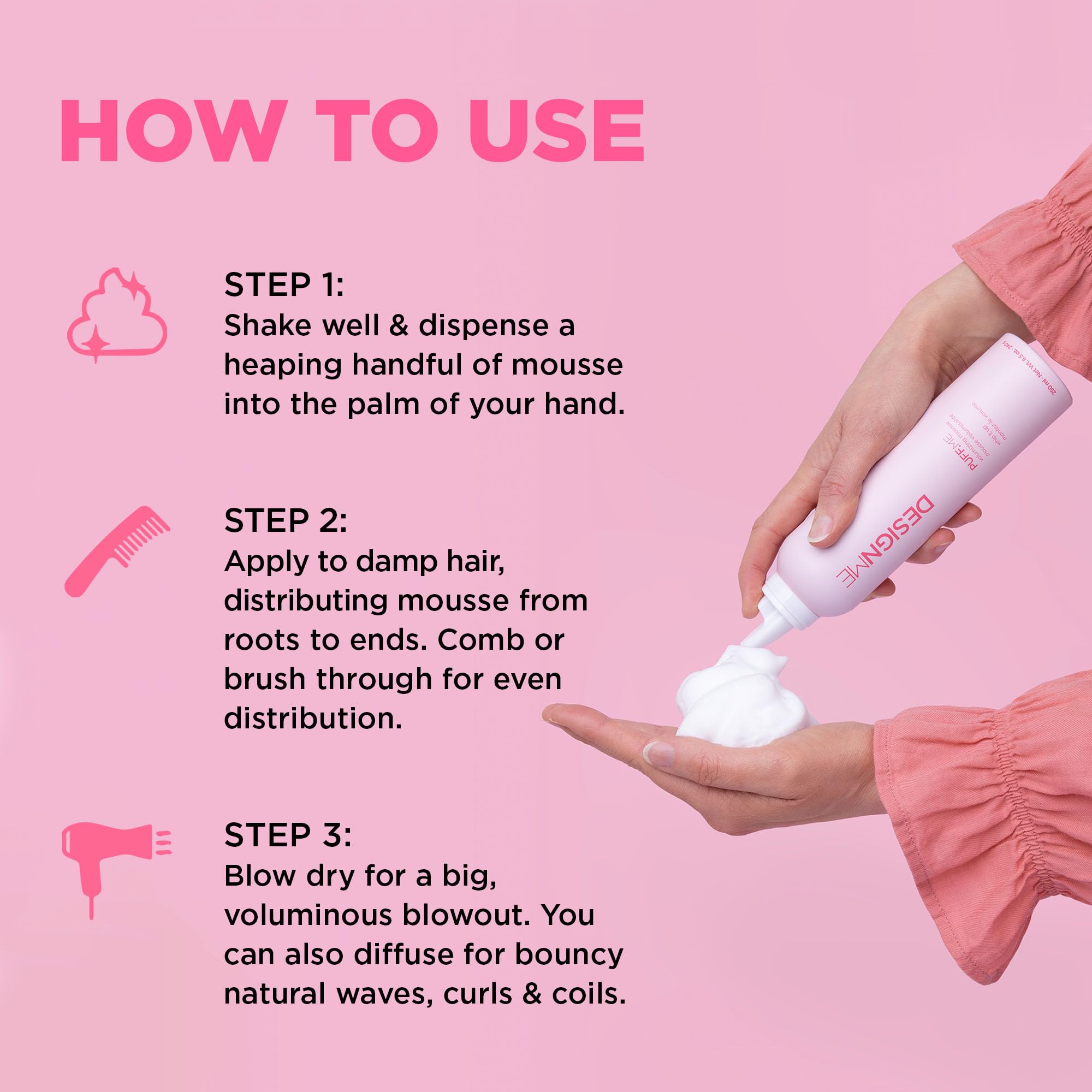 Design.Me PUFF.ME foam close-up showing airy texture for lasting volume.
