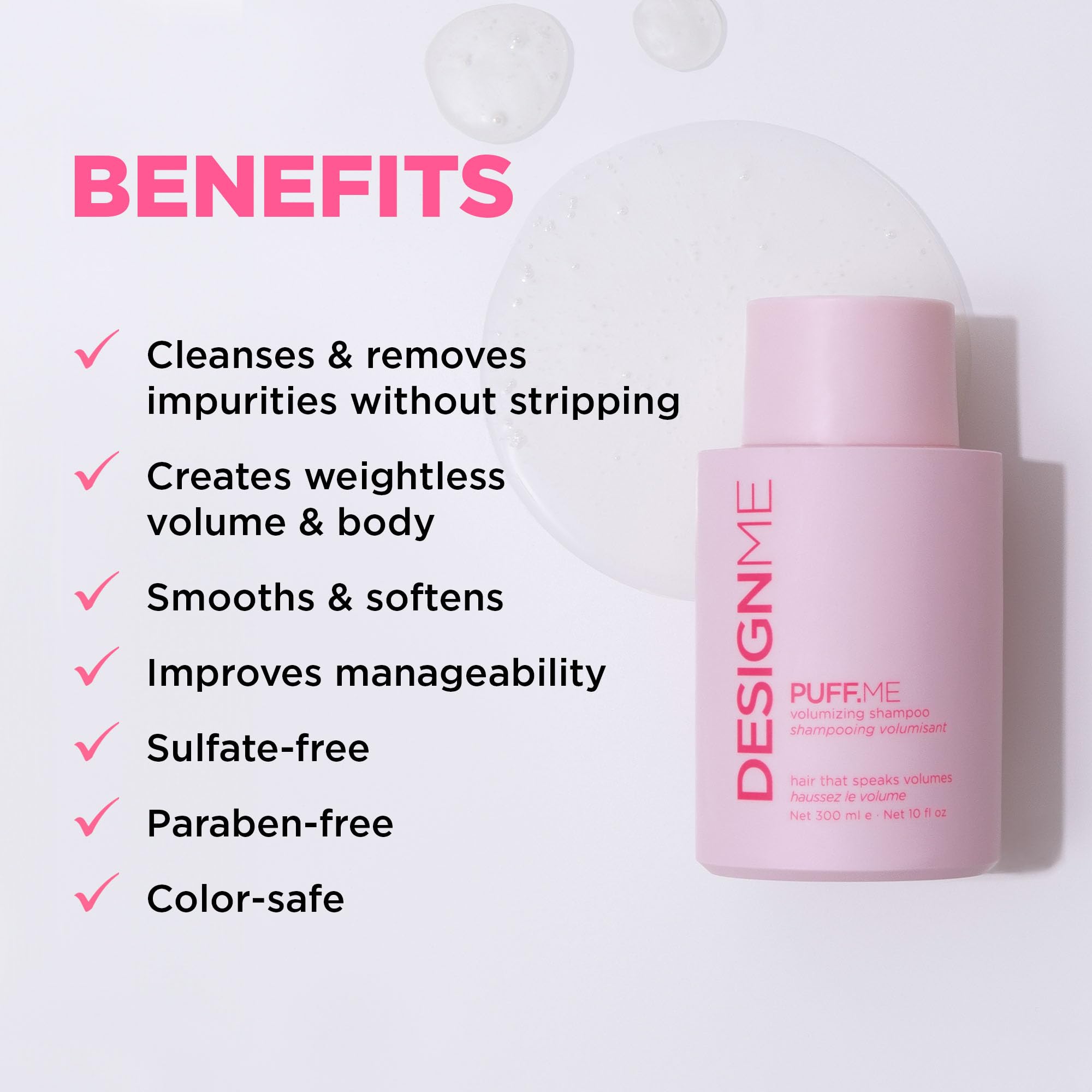 Design.Me PUFF.ME shampoo lather close-up highlighting rich foam for root volume