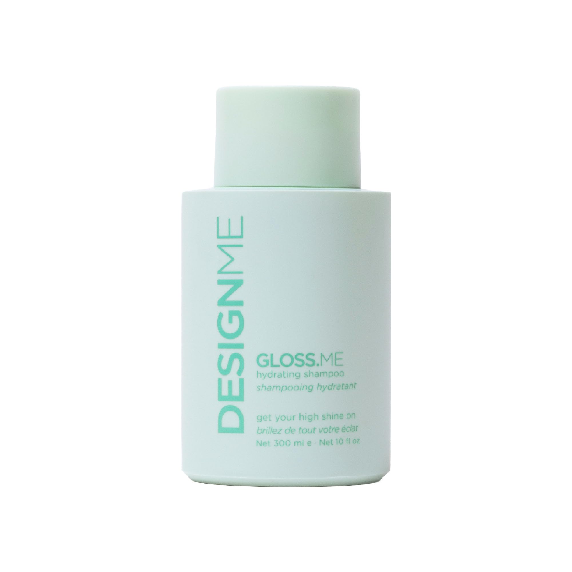 Design.Me GLOSS.ME hydrating shampoo bottle front highlights sulfate-free, color-safe hydration for dry hair.