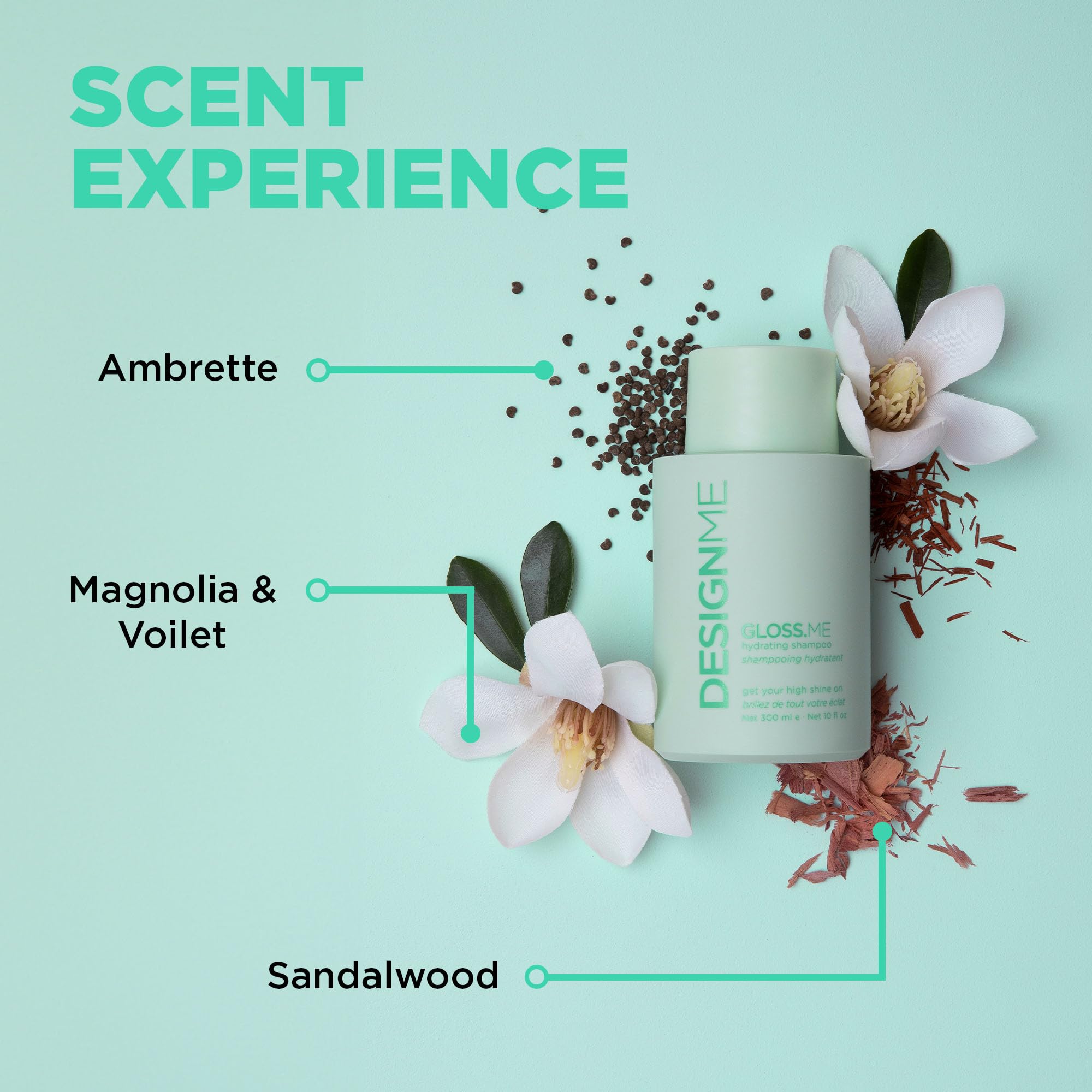 Design.Me GLOSS.ME ingredient closeup features argan and moringa oils nourishing hair fibers.