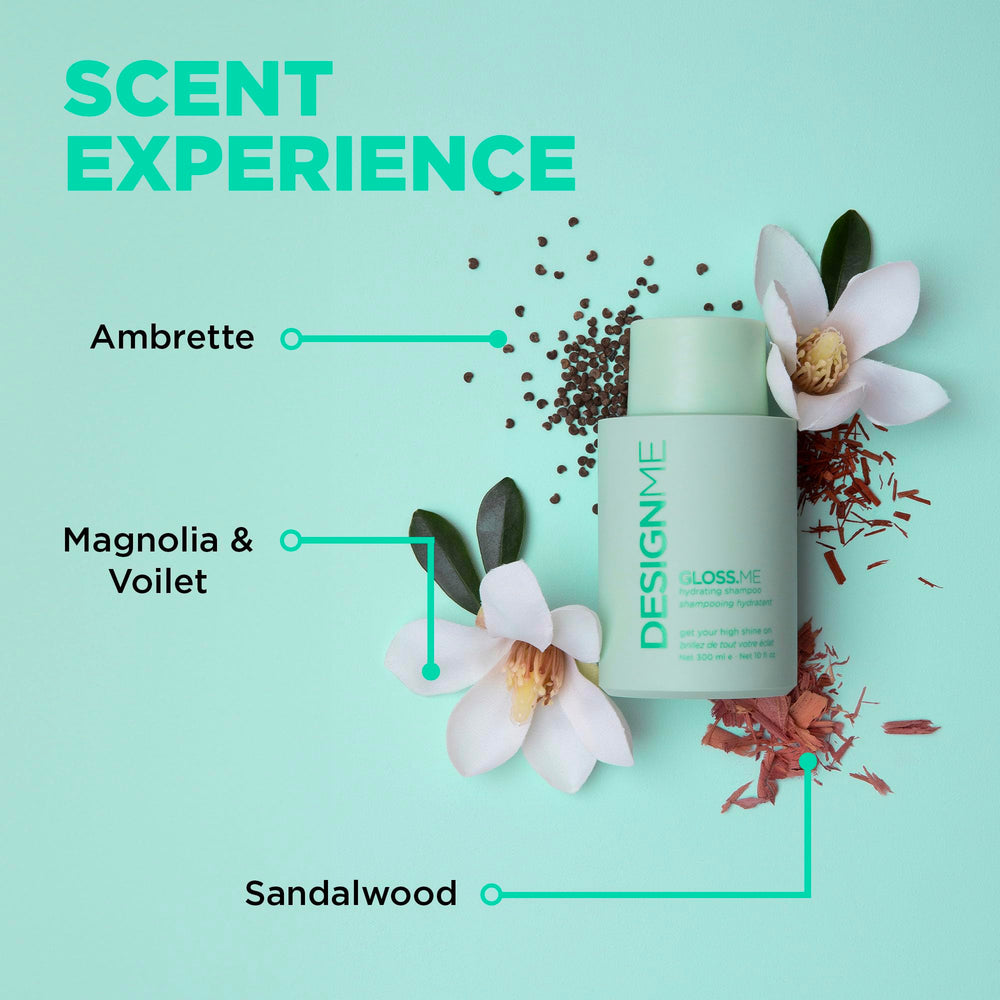 Design.Me GLOSS.ME ingredient closeup features argan and moringa oils nourishing hair fibers.