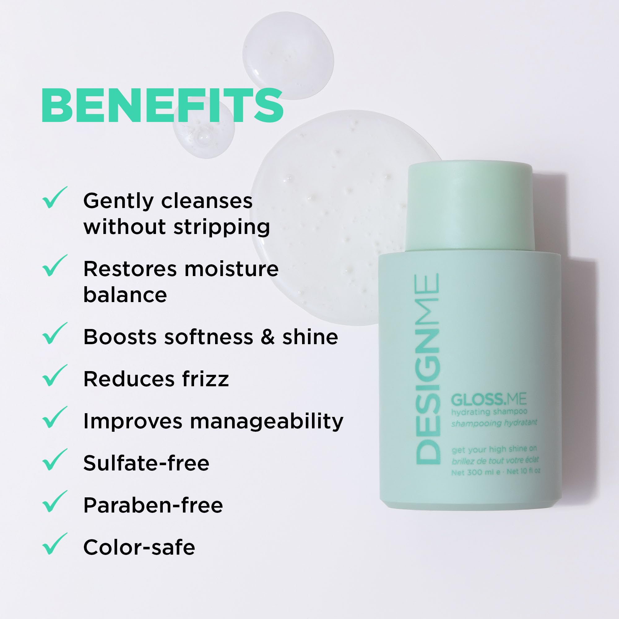 Design.Me GLOSS.ME pump application demonstrates gentle scalp cleansing for even distribution.