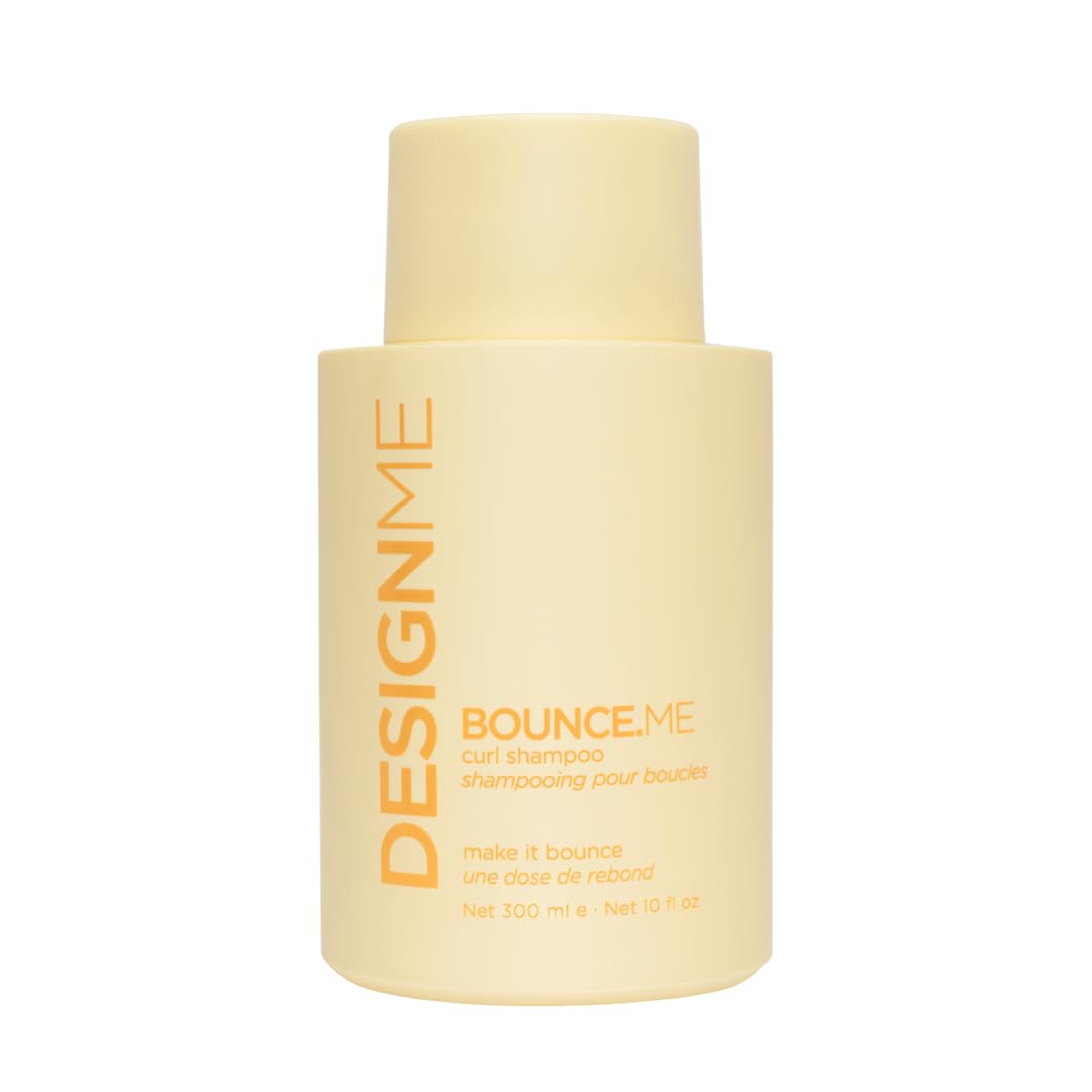Design.Me BOUNCE.ME shampoo bottle showing curl-defining formula for vibrant curls