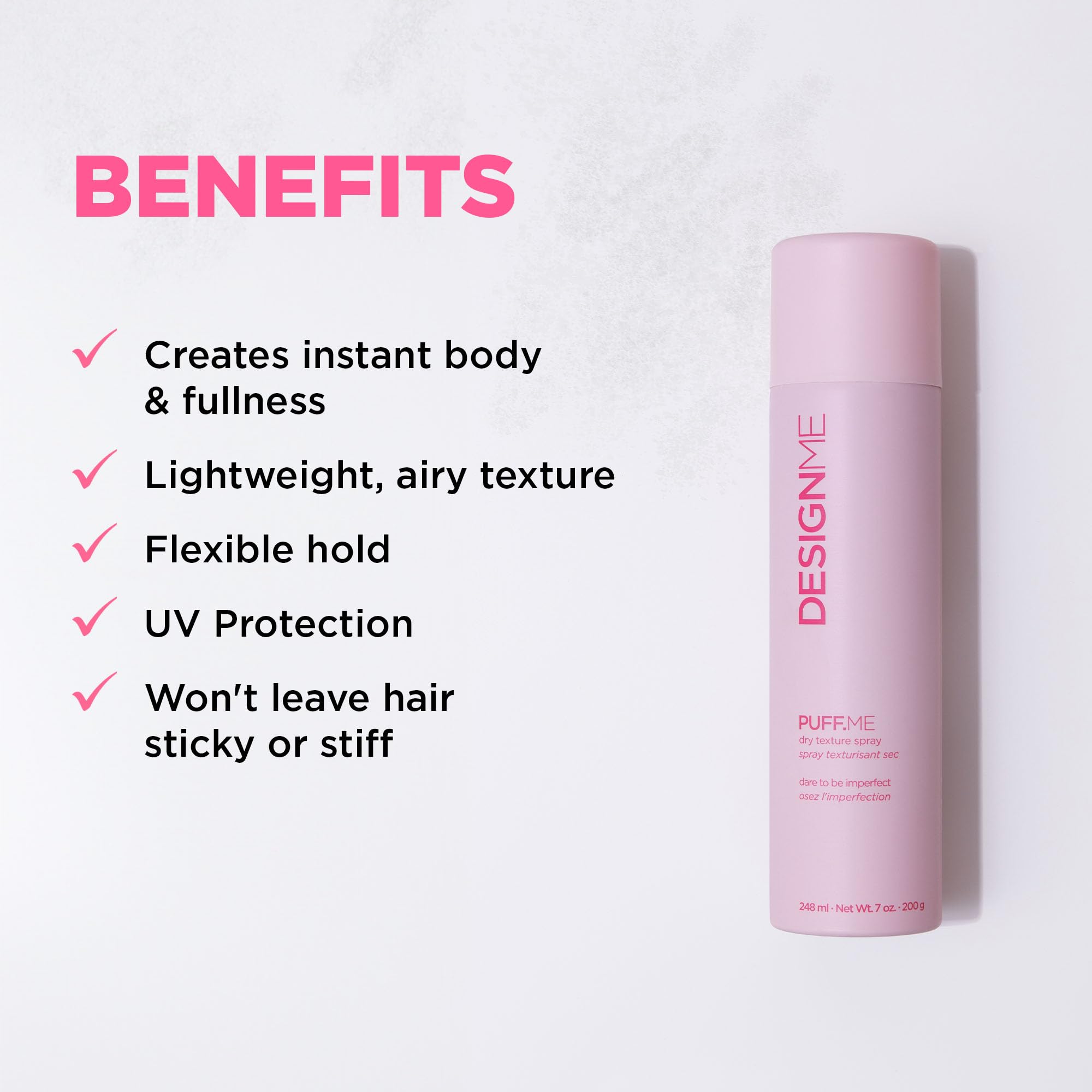 Design.Me Puff.ME texture spray on hair reveals lightweight body and grip.