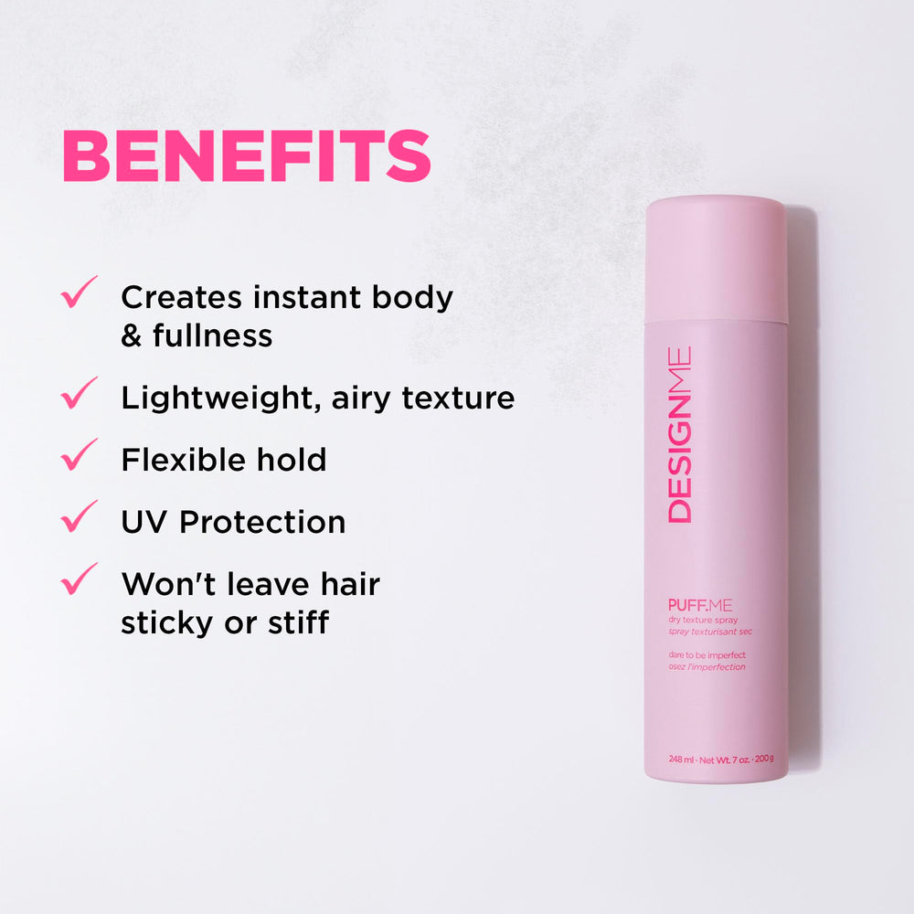 Design.Me Puff.ME texture spray on hair reveals lightweight body and grip.
