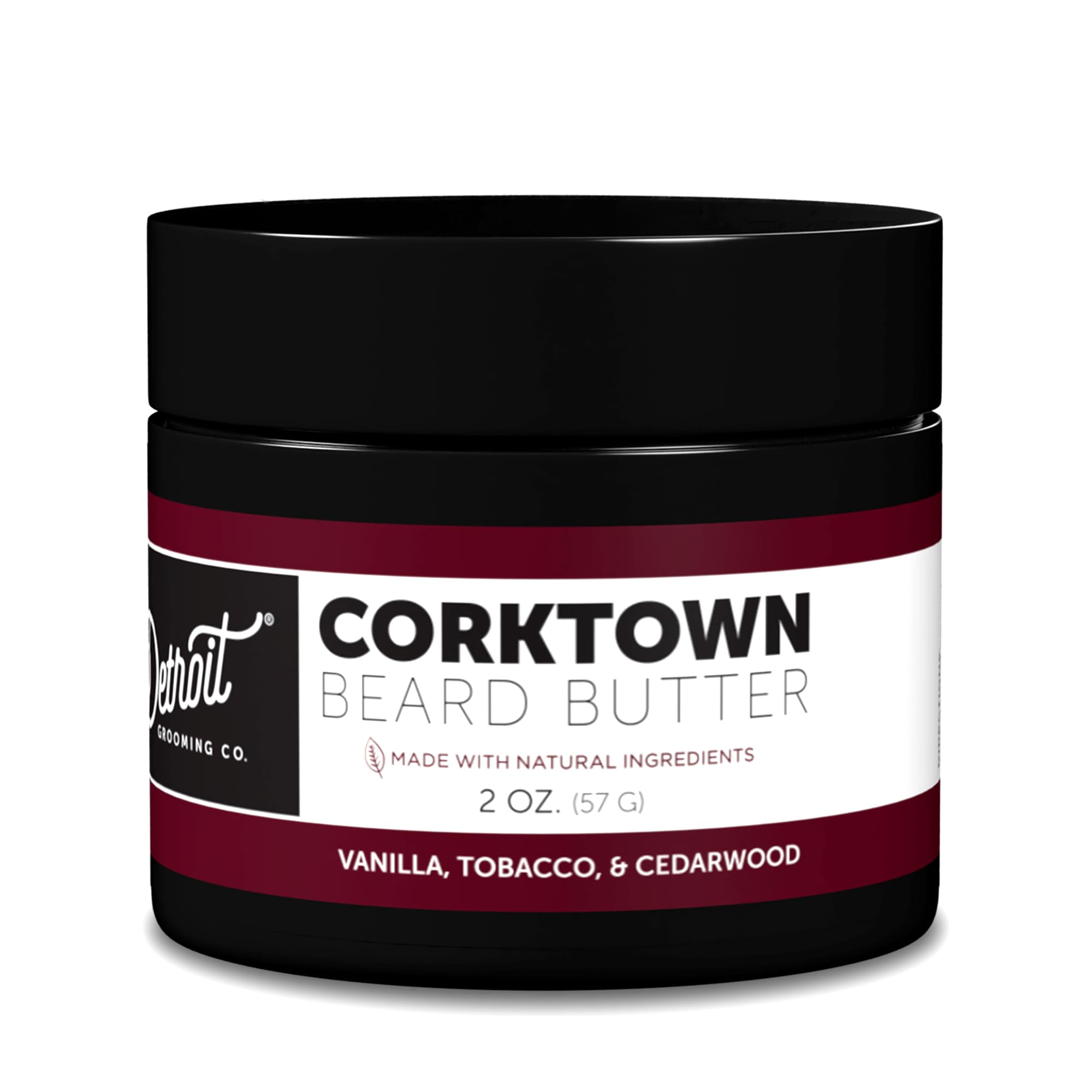 Detroit Grooming Co. beard butter Corktown jar close for conditioning and hydration.