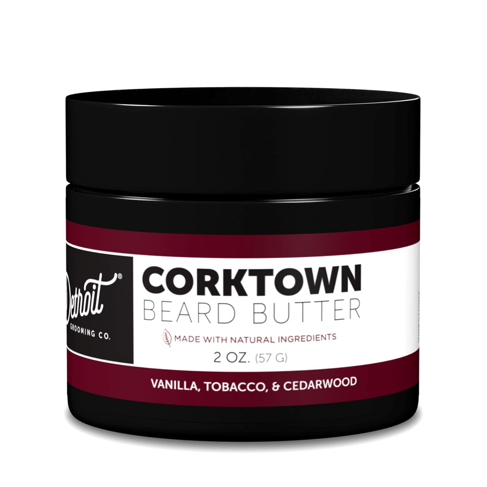 Detroit Grooming Co. beard butter Corktown jar close for conditioning and hydration.