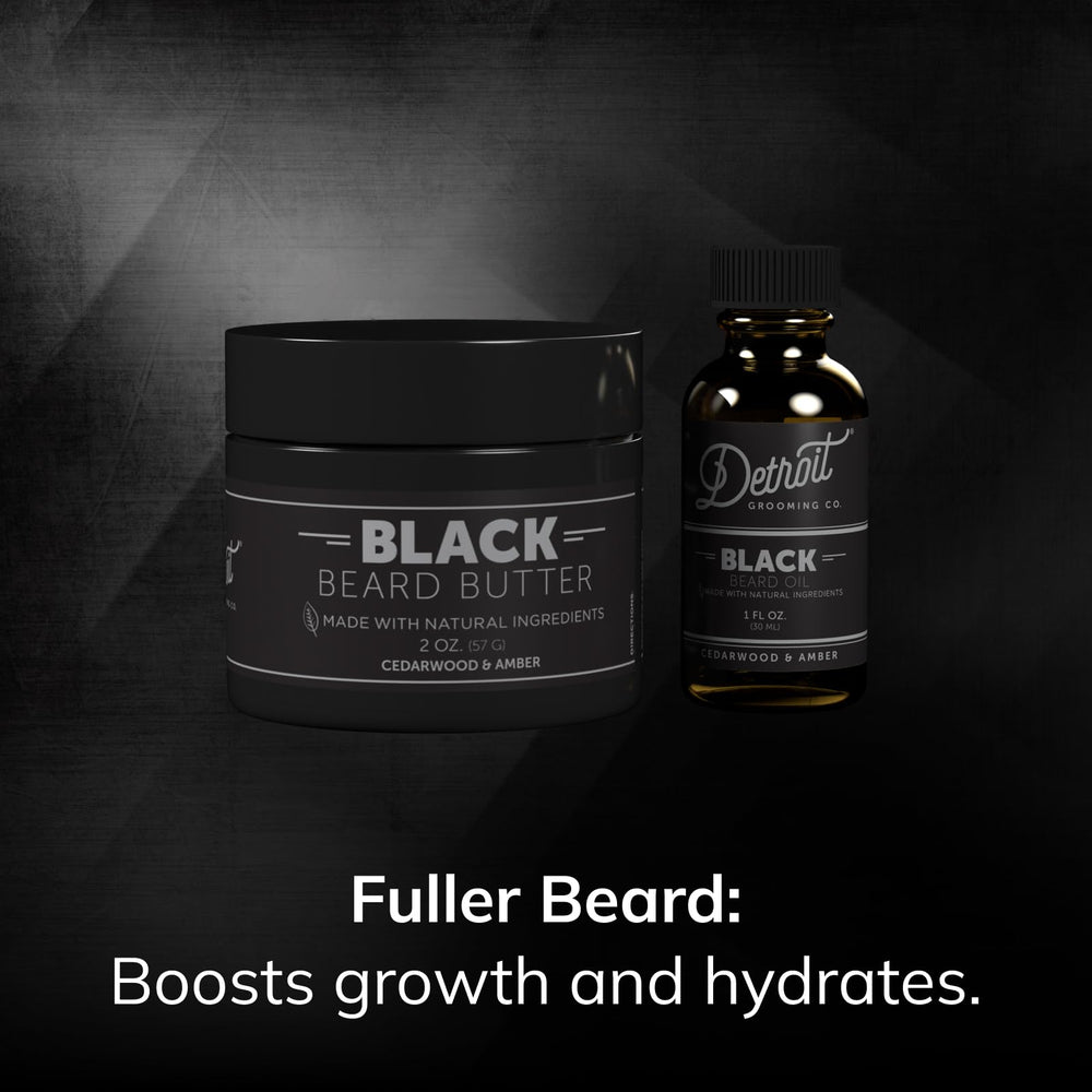 Detroit Grooming Co. black scent label highlights cedarwood amber fragrance.