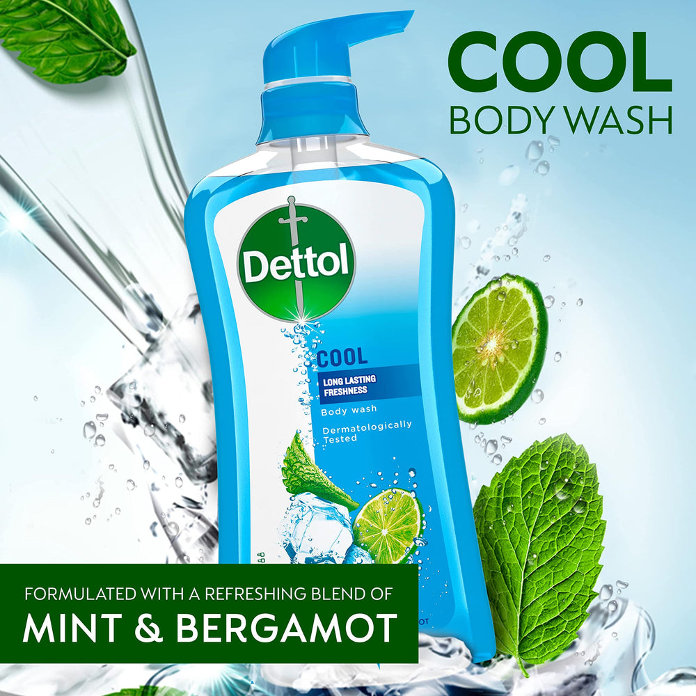 Dettol Cool Body Wash ingredients label highlights scent and skin-friendly care.