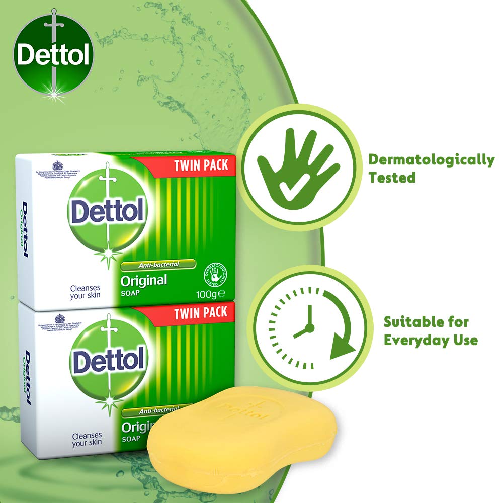Dettol two bars stacked for size comparison and convenient household benefit