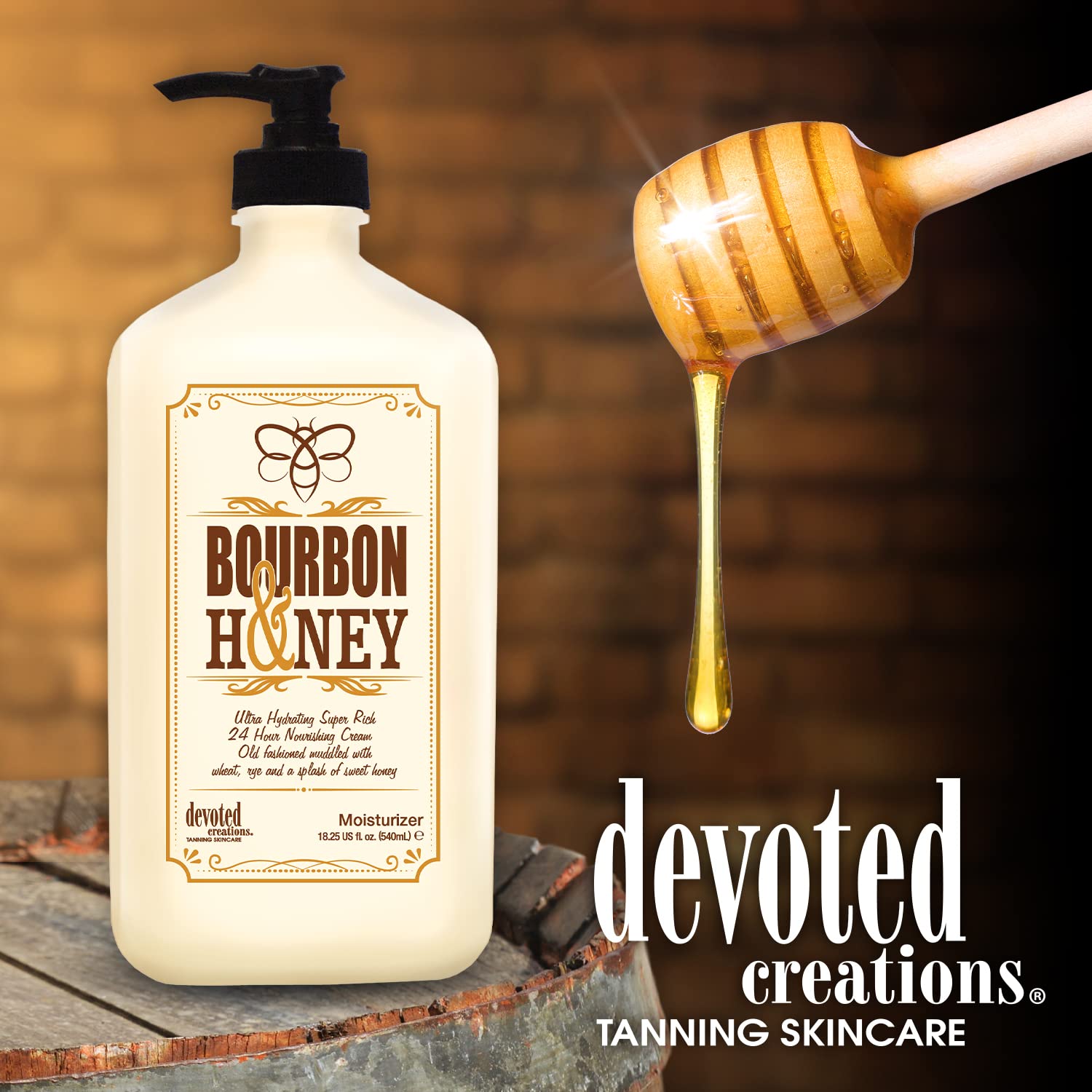 Devoted Creations Bourbon & Honey Moisturizer application scene suggests soothing, daily renewal