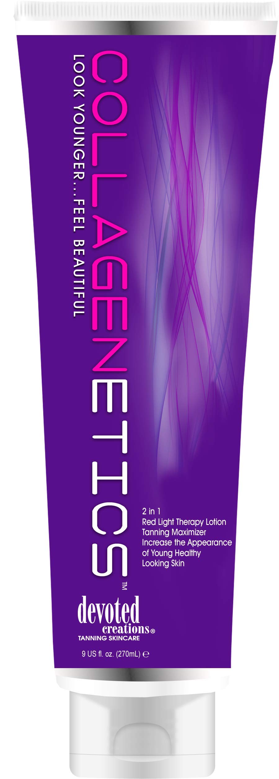 Devoted Creations Collagenetics 2-in-1 lotion bottle preps skin for red light therapy and tanning