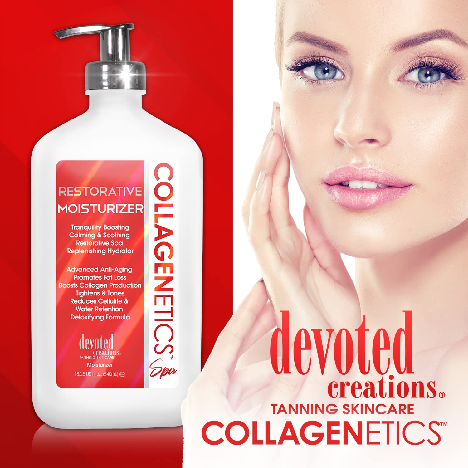 Devoted Creations Collagenetics Spa Restorative Moisturizer bottle supports long-lasting hydration during morning routines